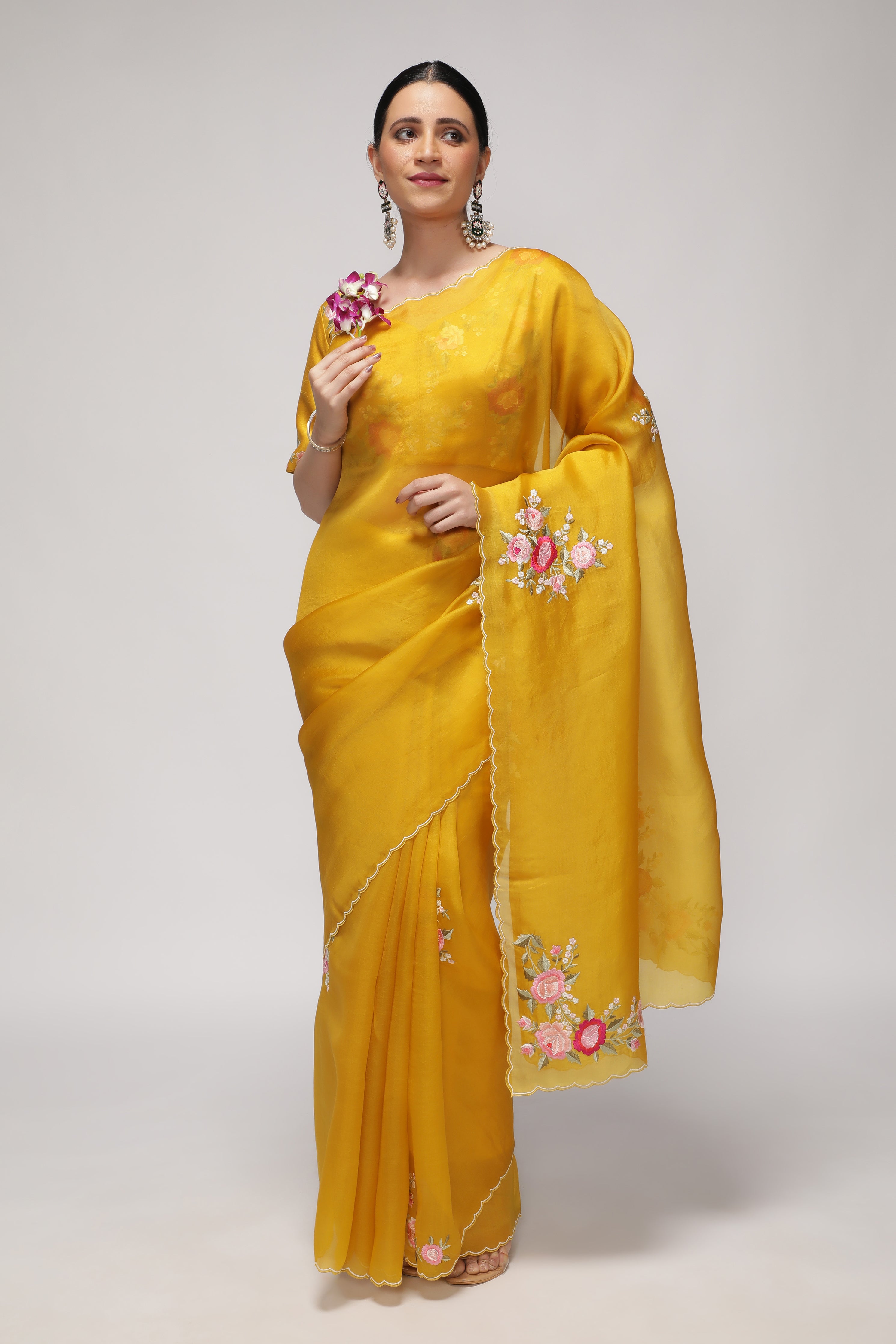 Mustard Yellow Organza Saree with Multi-Floral Embroidery Motifs