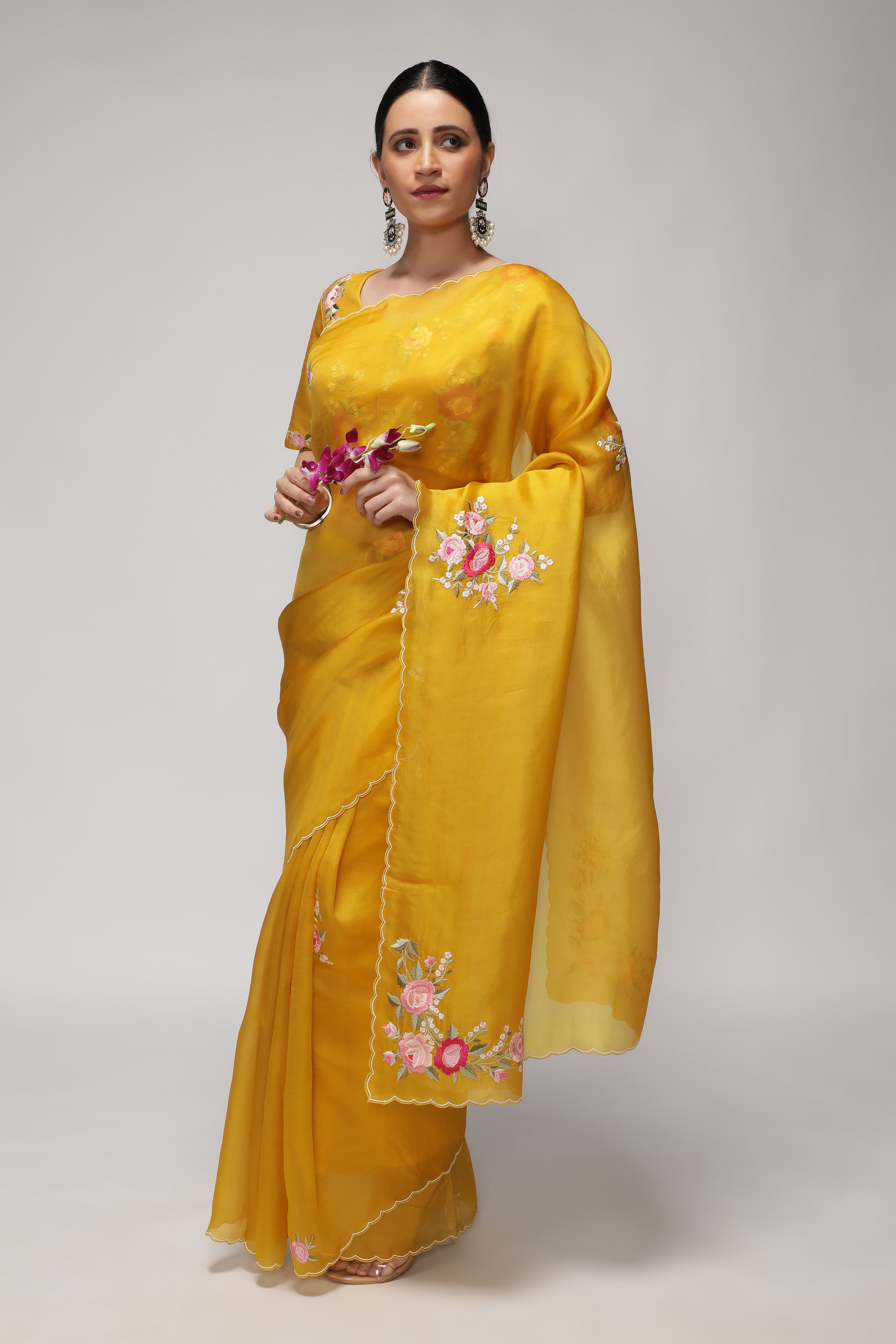 Mustard Yellow Organza Saree with Multi-Floral Embroidery Motifs
