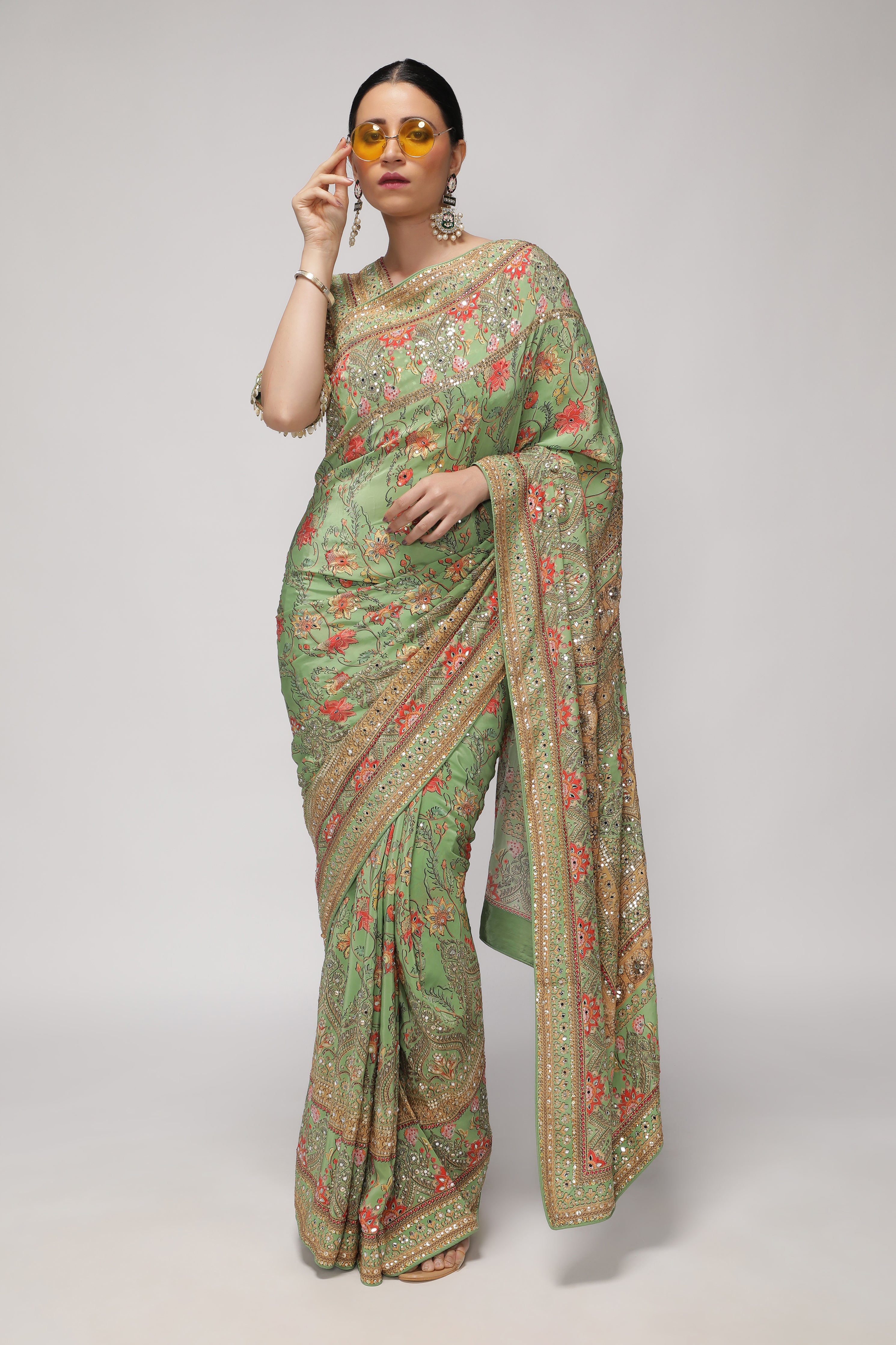Green Satin Silk Saree with All-Over Print, Sequin & Mirror Work