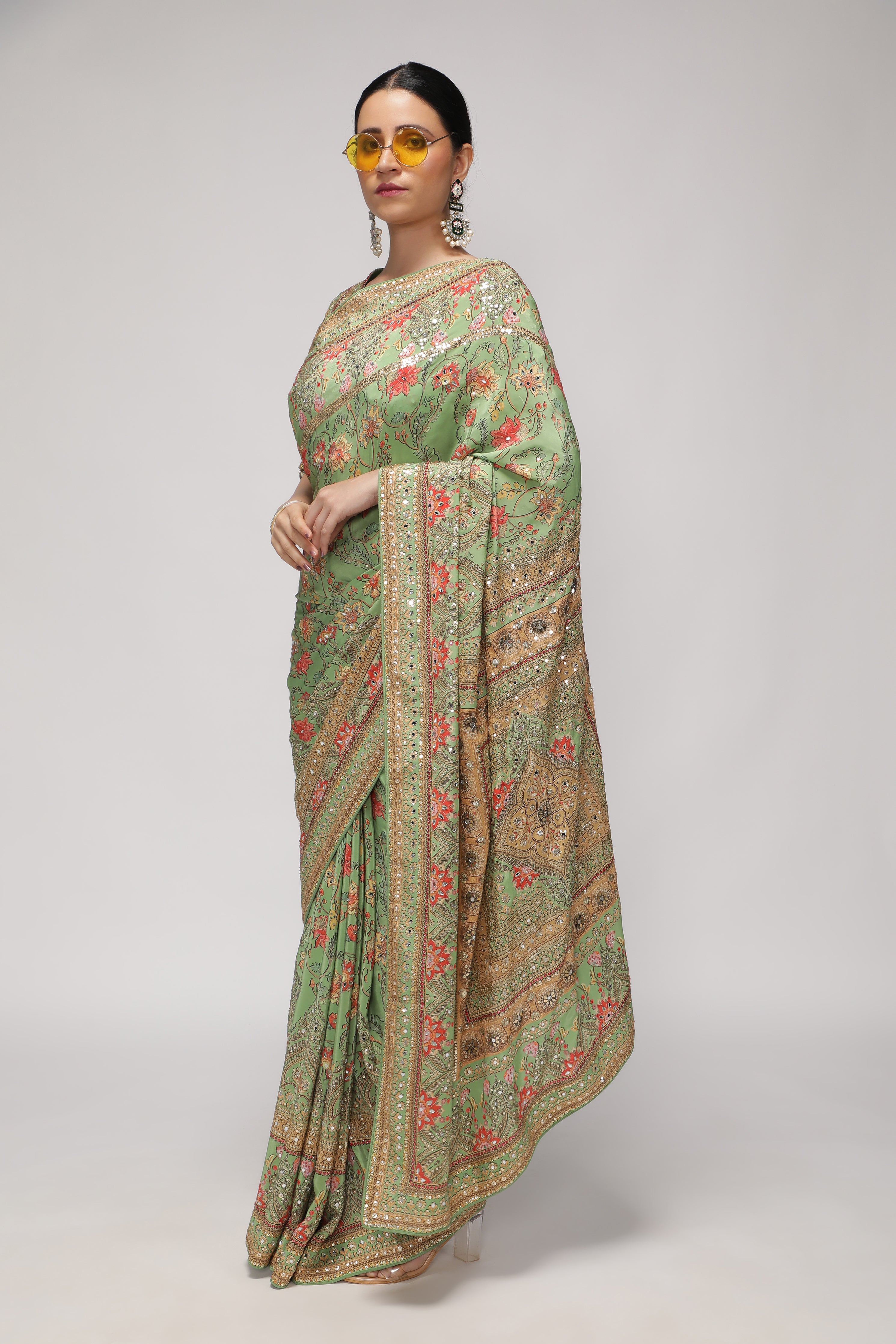 Green Satin Silk Saree with All-Over Print, Sequin & Mirror Work