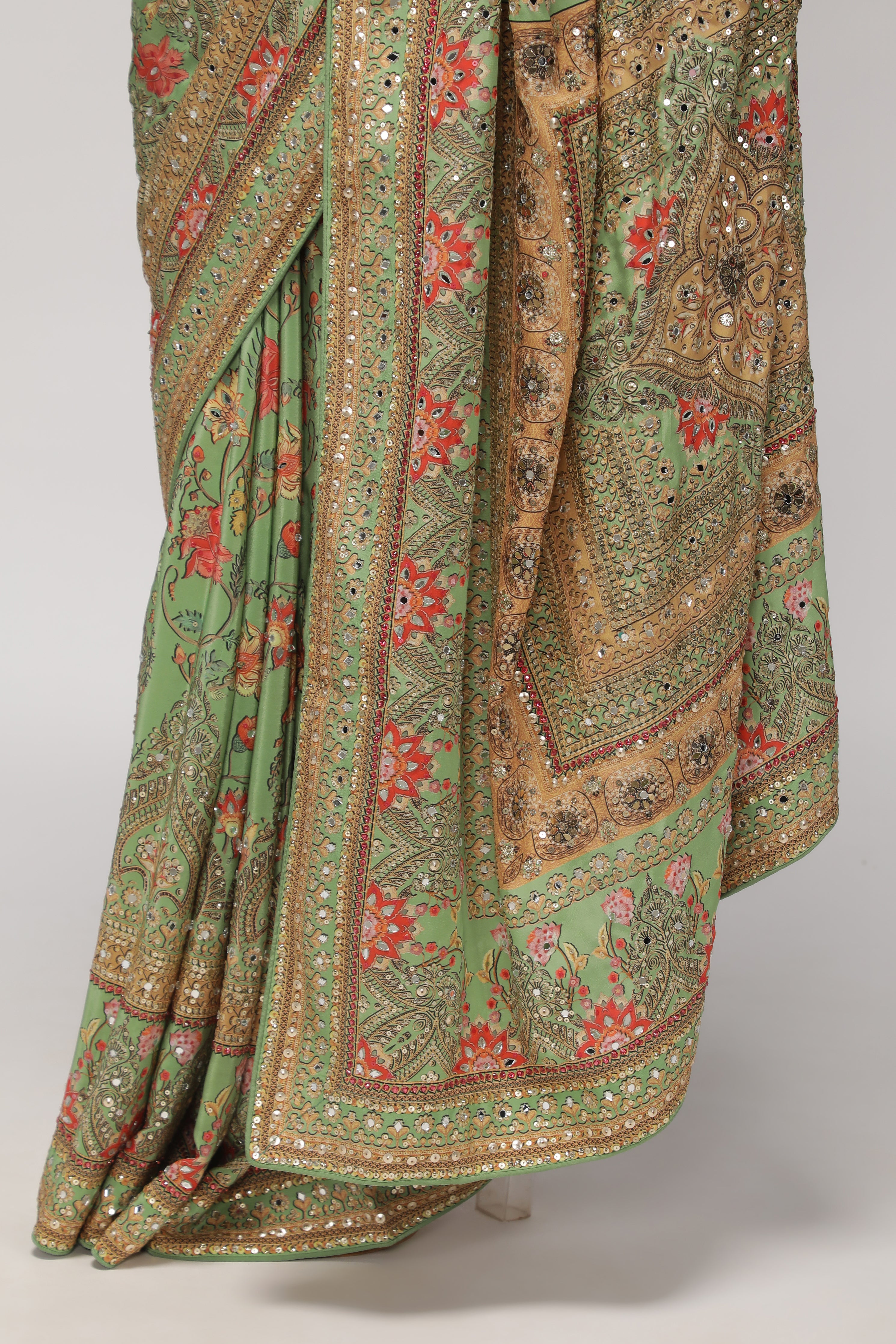 Green Satin Silk Saree with All-Over Print, Sequin & Mirror Work