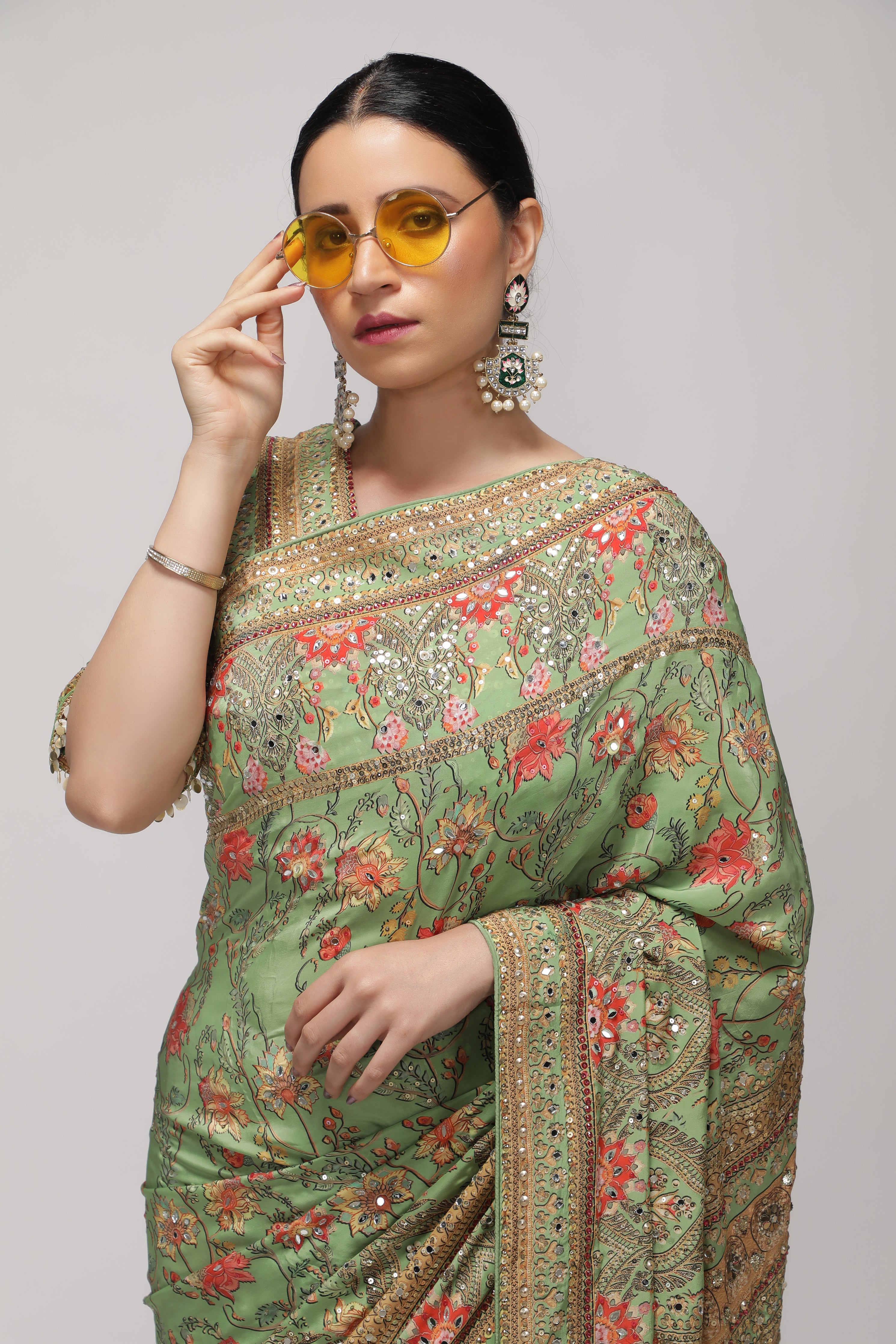Green Satin Silk Saree with All-Over Print, Sequin & Mirror Work