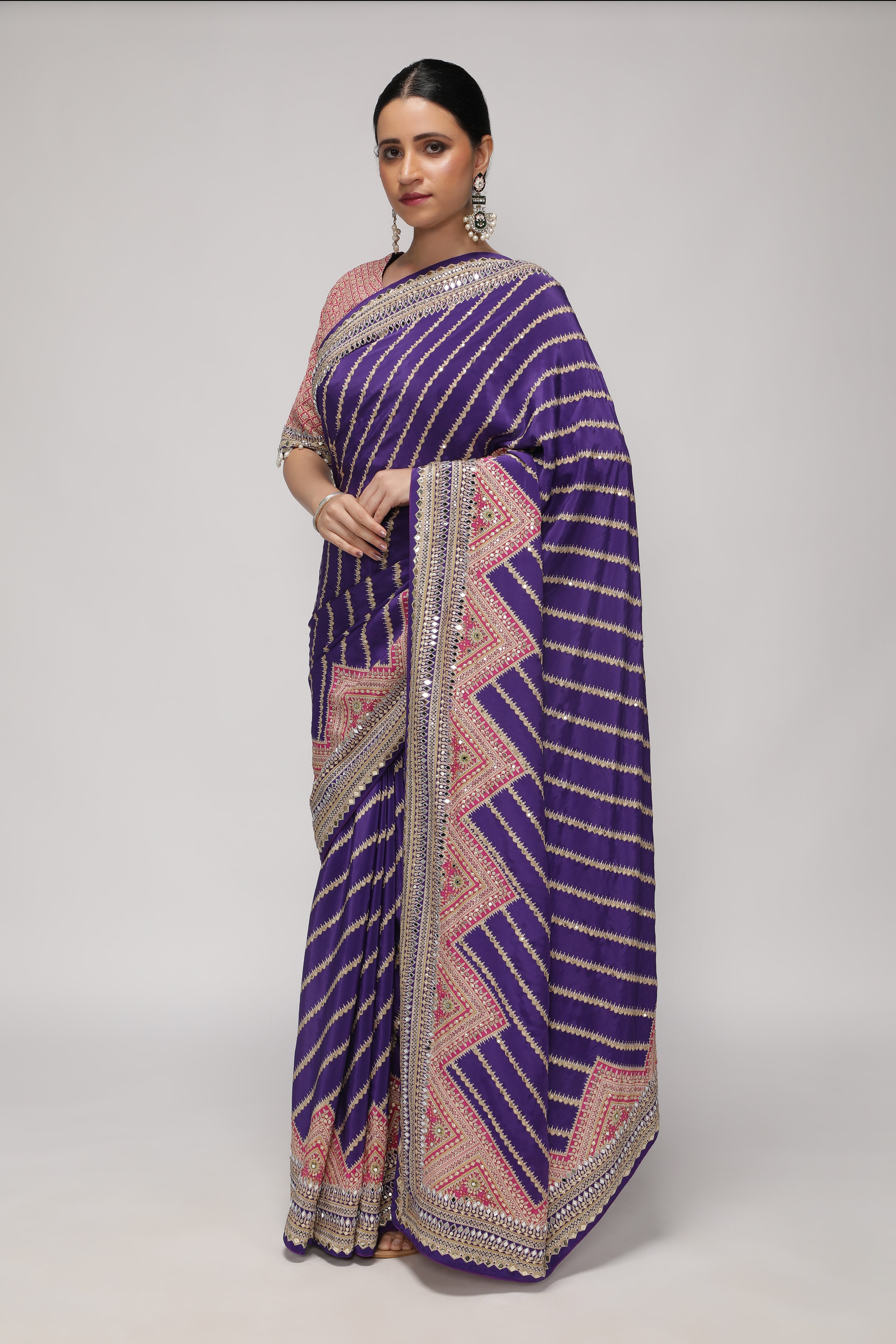 Purple Satin Silk Leheriya Print Saree with Mirror & Sequin Embroidery