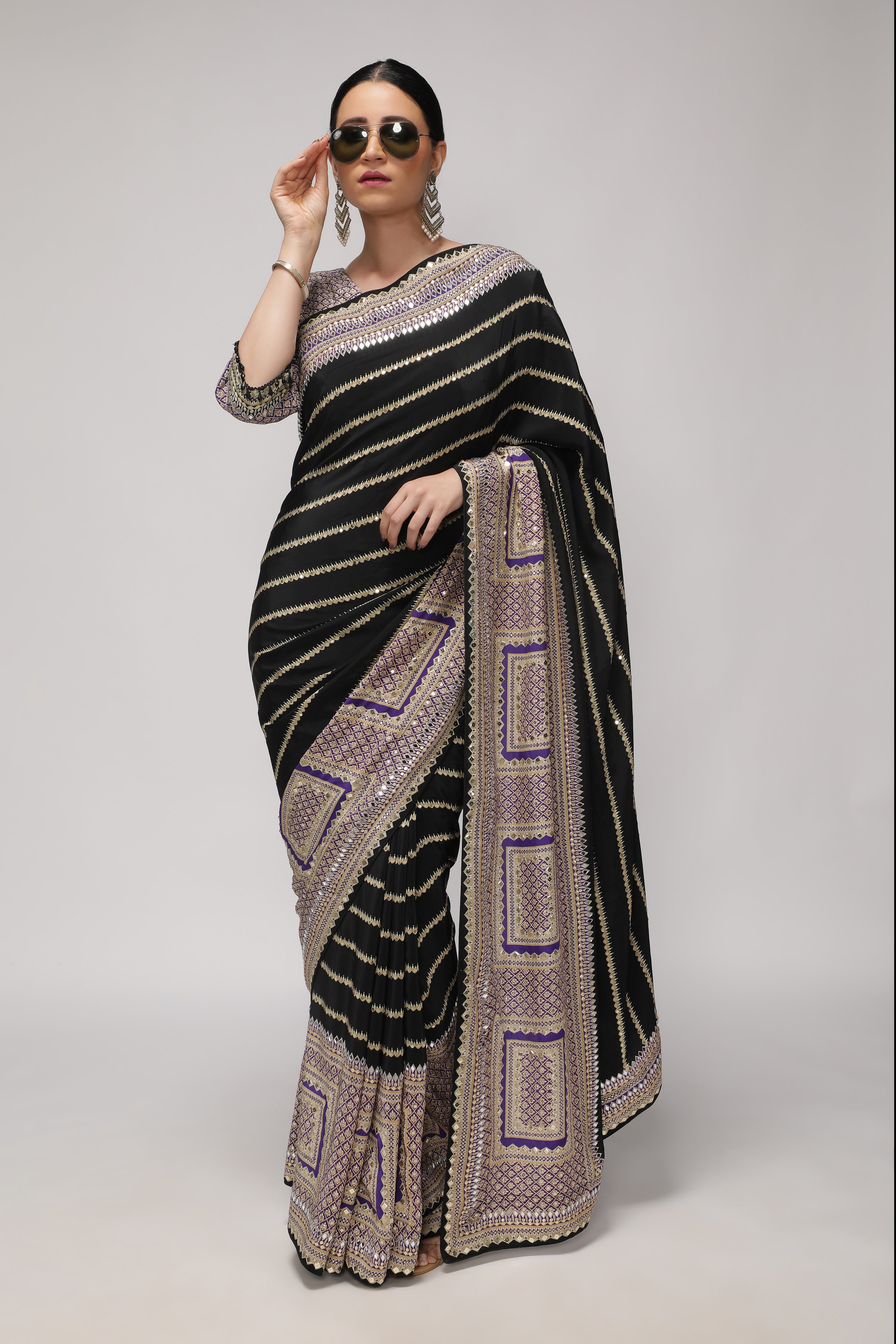 Black Satin Silk Saree with Striped Print, Mirror & Sequin Embroidery