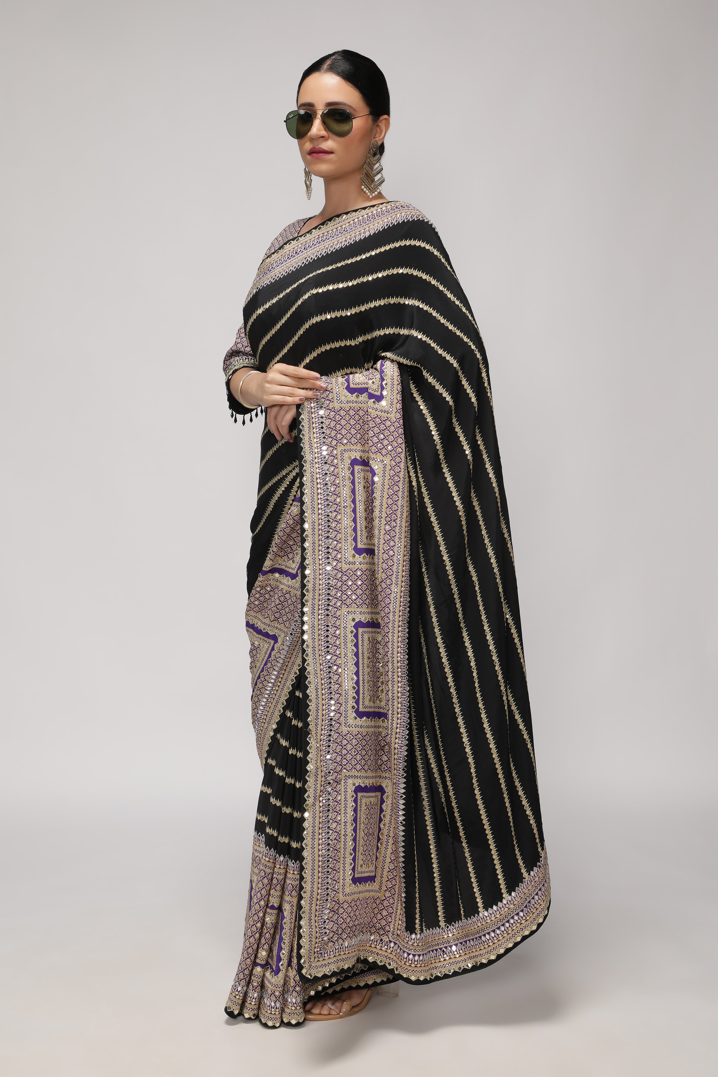Black Satin Silk Saree with Striped Print, Mirror & Sequin Embroidery