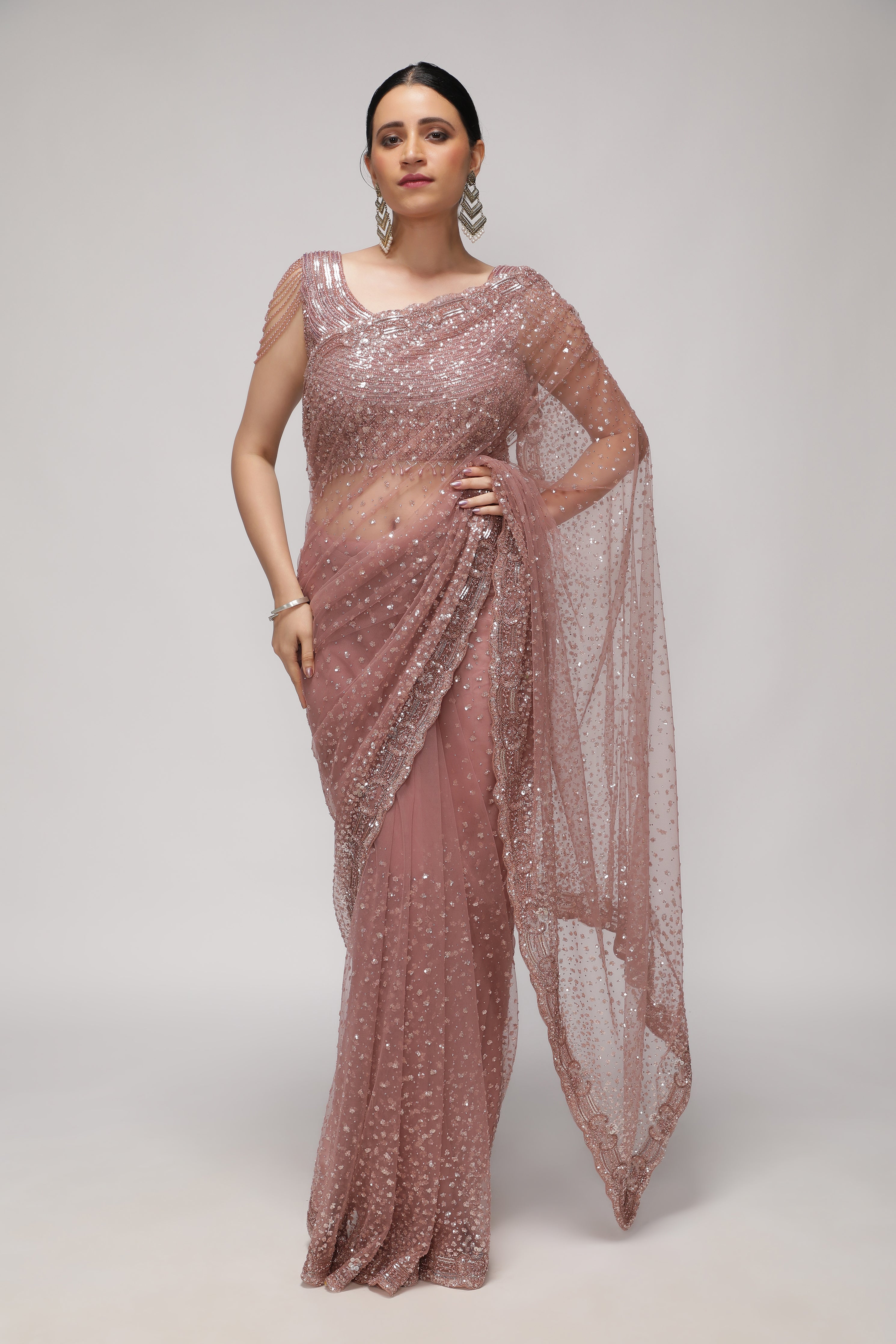 Blush Mauve Net Saree with All-Over Sequin & Pearl Scallop Border