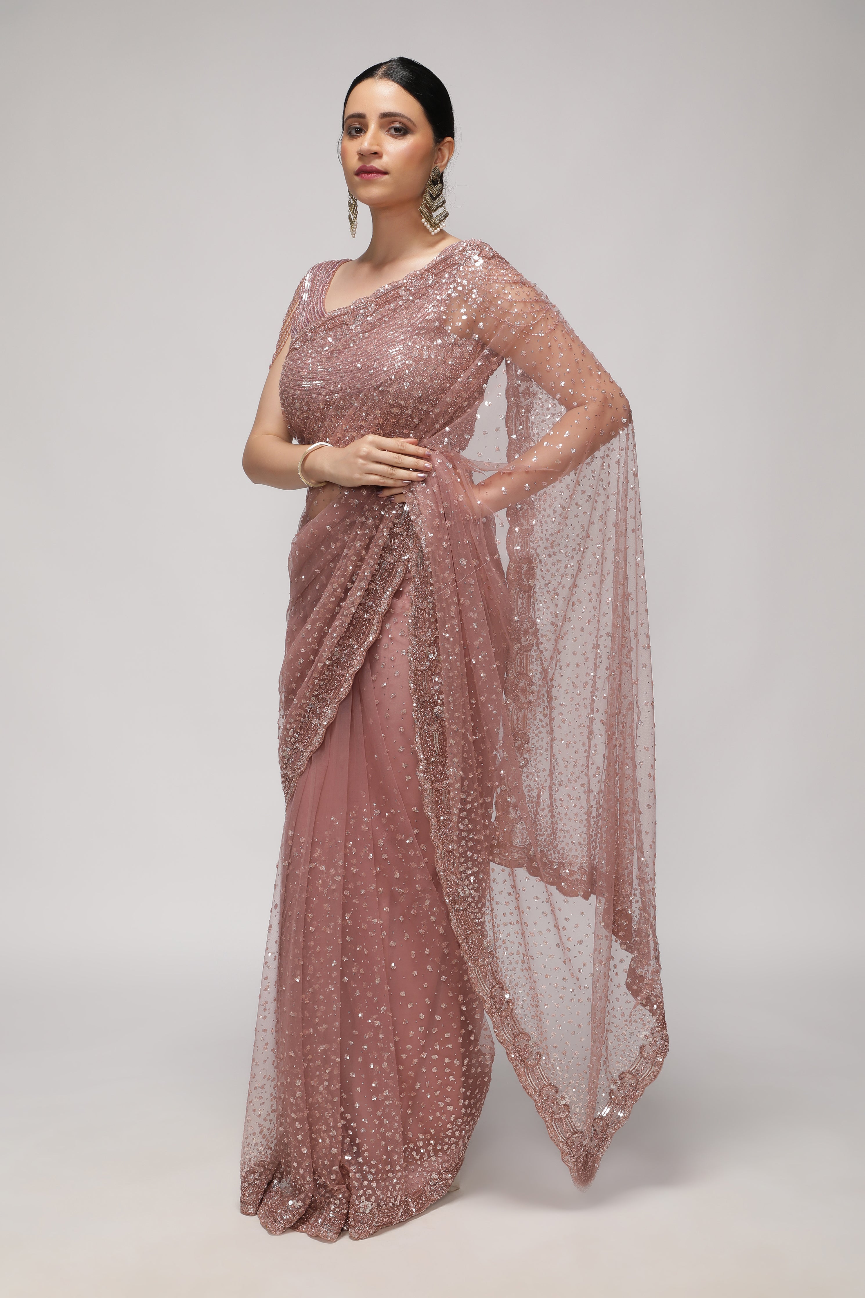 Blush Mauve Net Saree with All-Over Sequin & Pearl Scallop Border