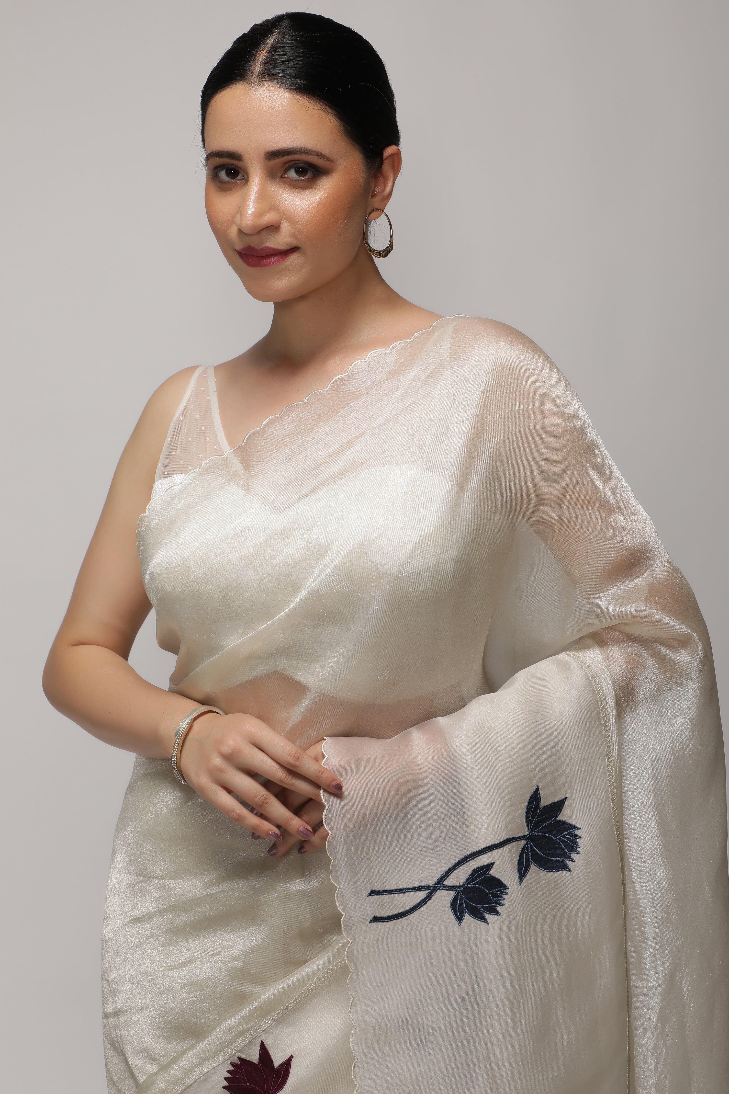 Silver White Tissue Saree with Multicolor Floral Appliqué Kora Border