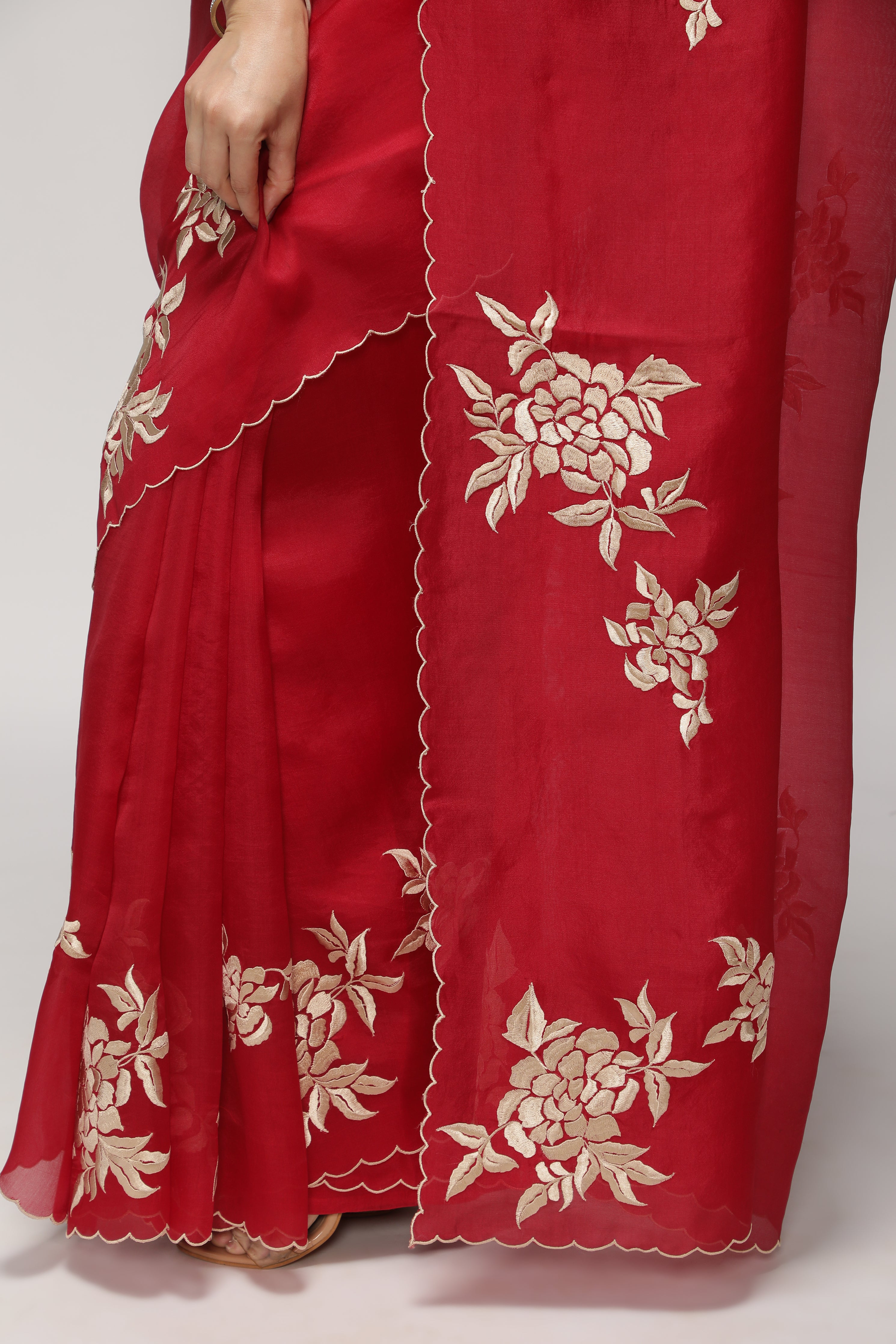 Red Organza Saree with All-Over Floral Thread Work Motifs