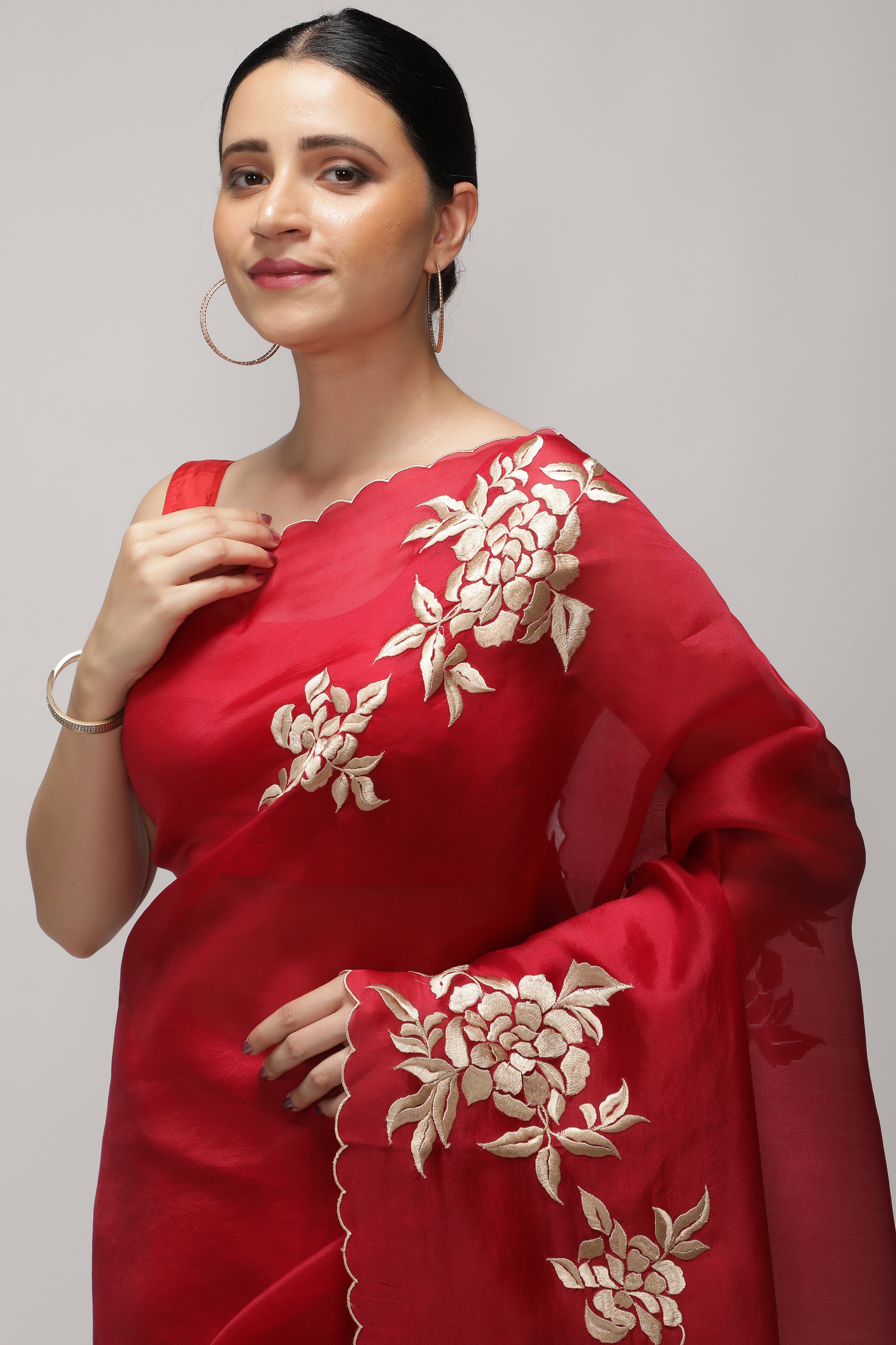 Red Organza Saree with All-Over Floral Thread Work Motifs