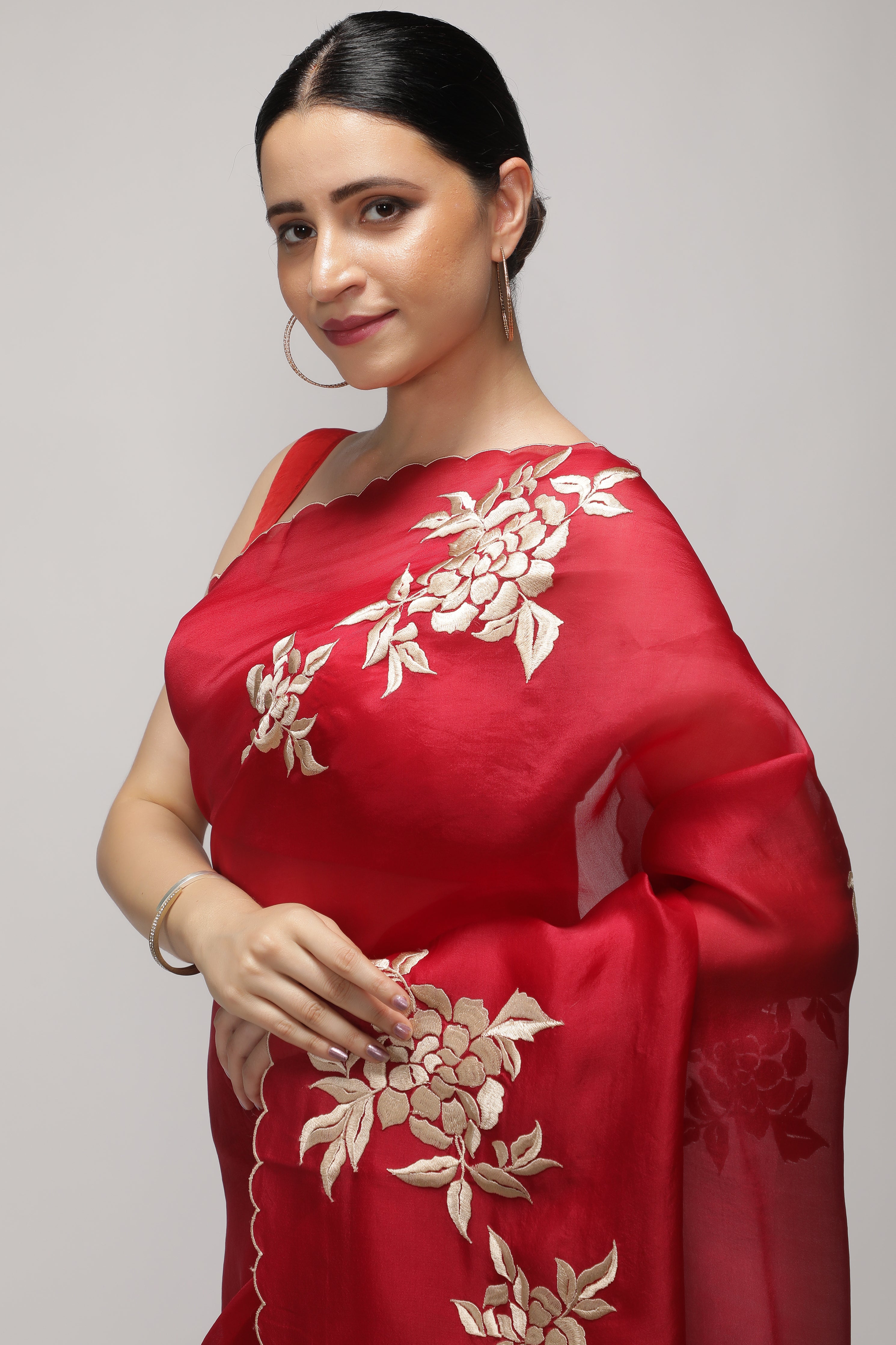 Red Organza Saree with All-Over Floral Thread Work Motifs