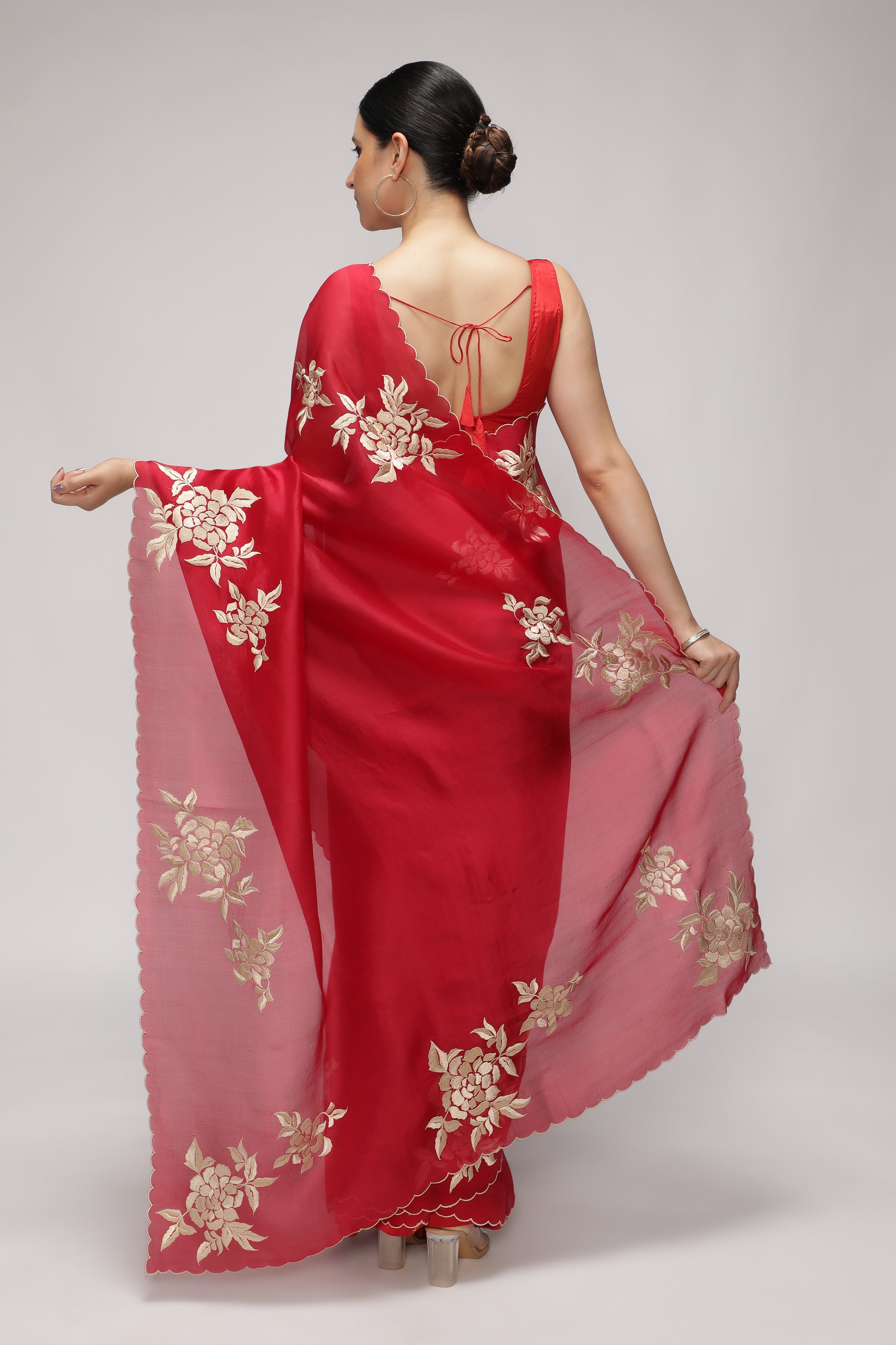 Red Organza Saree with All-Over Floral Thread Work Motifs