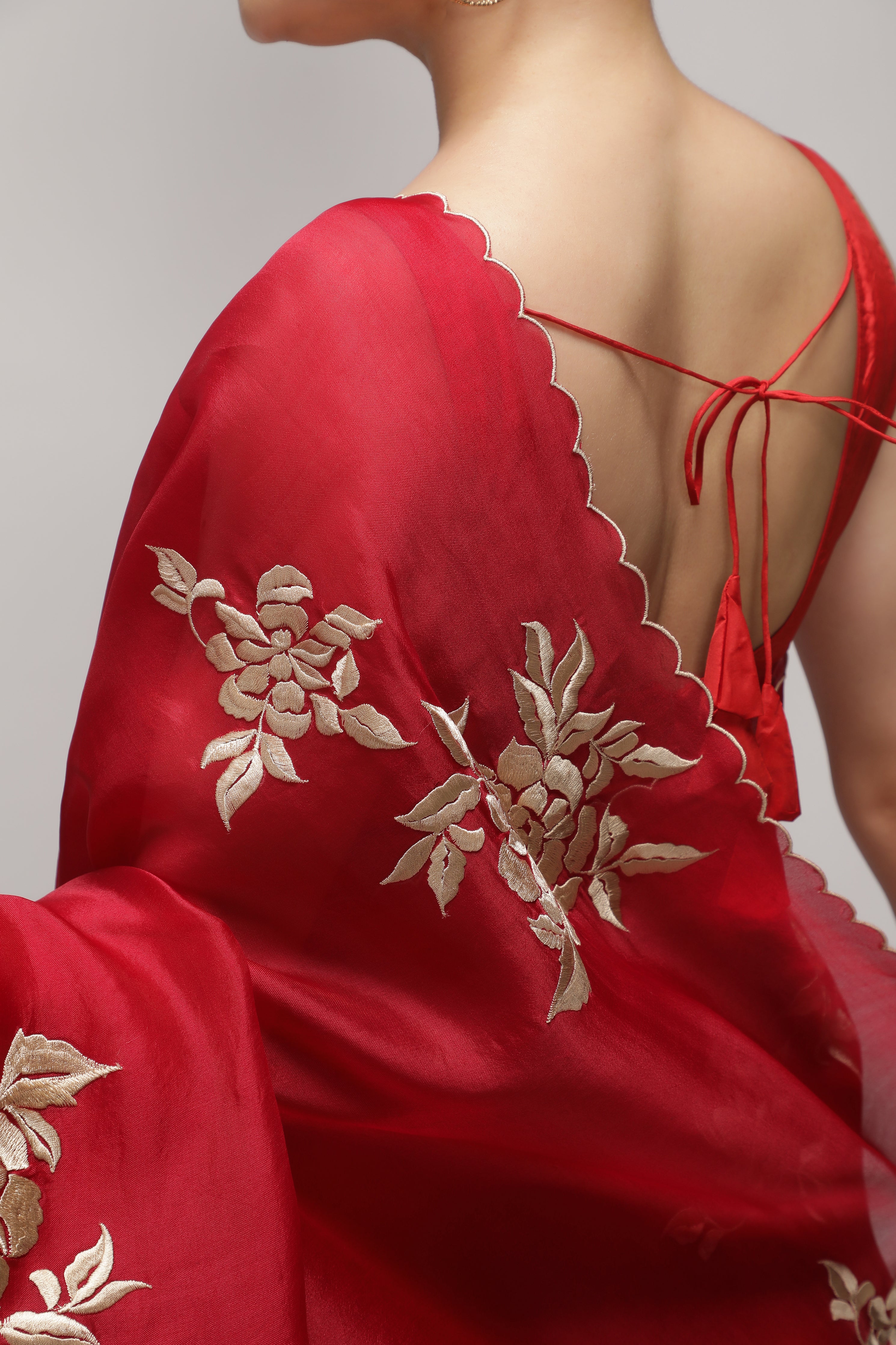Red Organza Saree with All-Over Floral Thread Work Motifs