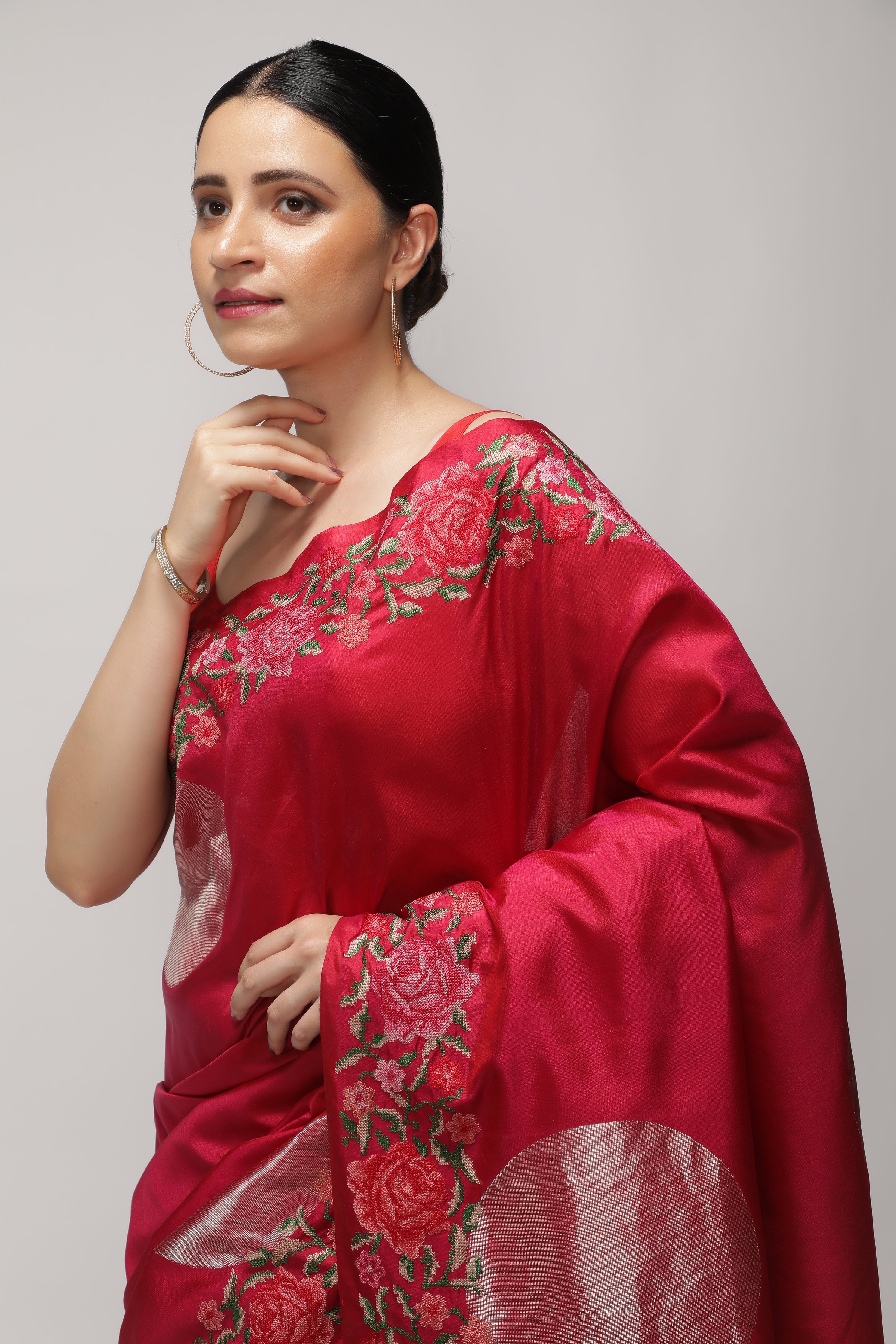 Coral Pink Soft Silk Saree with Zari Circle Weave & Embroidered Border