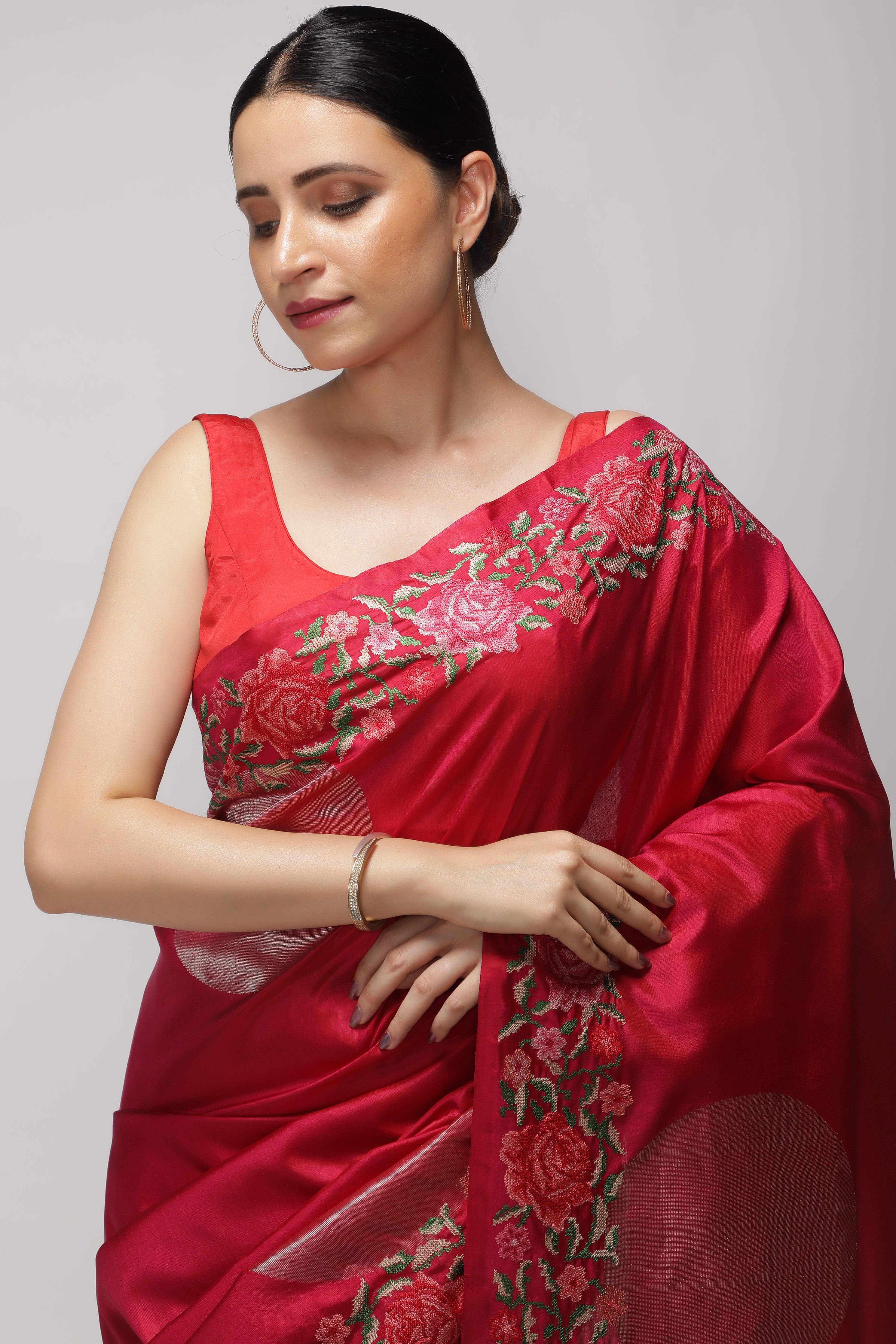 Coral Pink Soft Silk Saree with Zari Circle Weave & Embroidered Border