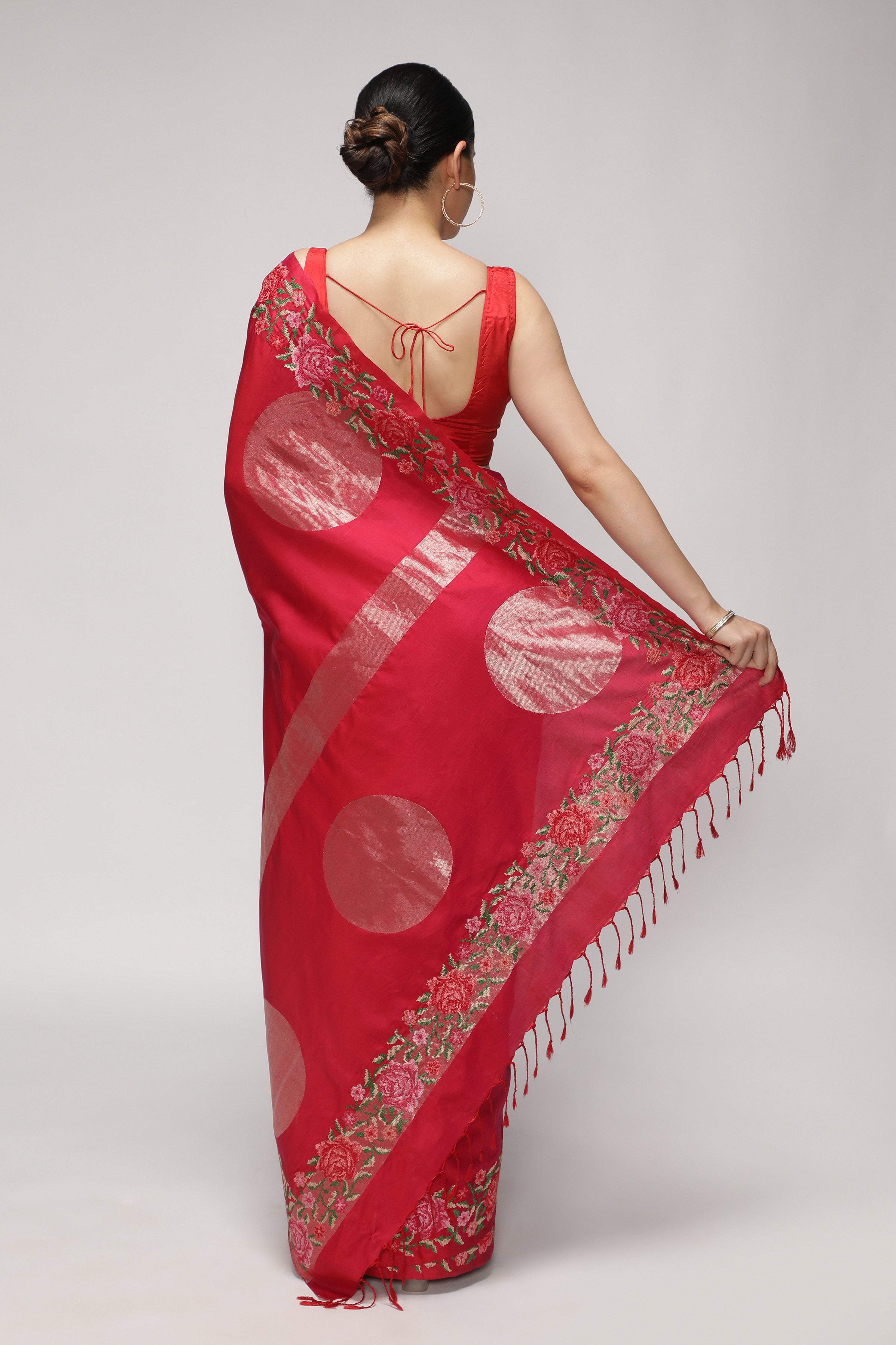 Coral Pink Soft Silk Saree with Zari Circle Weave & Embroidered Border