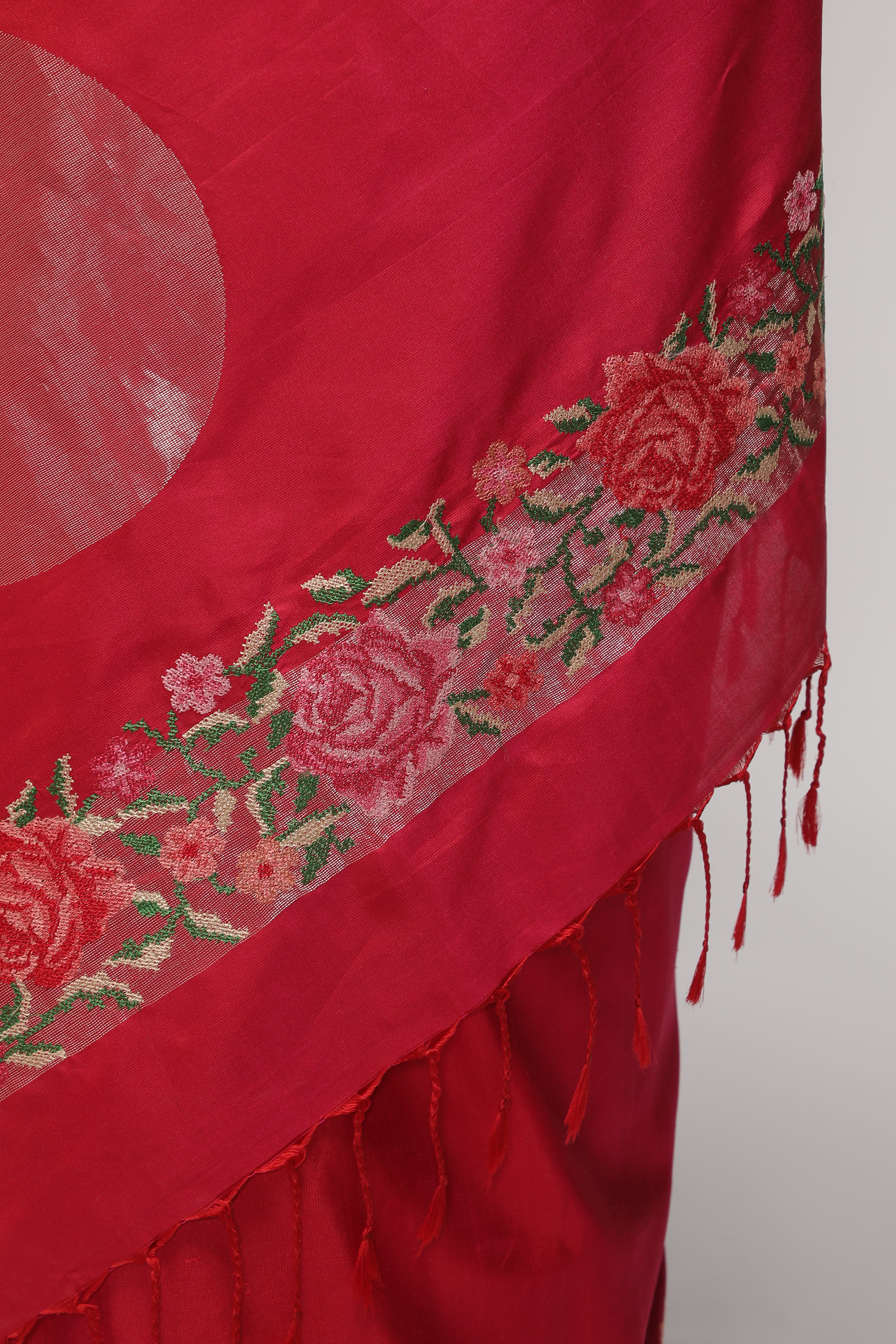 Coral Pink Soft Silk Saree with Zari Circle Weave & Embroidered Border