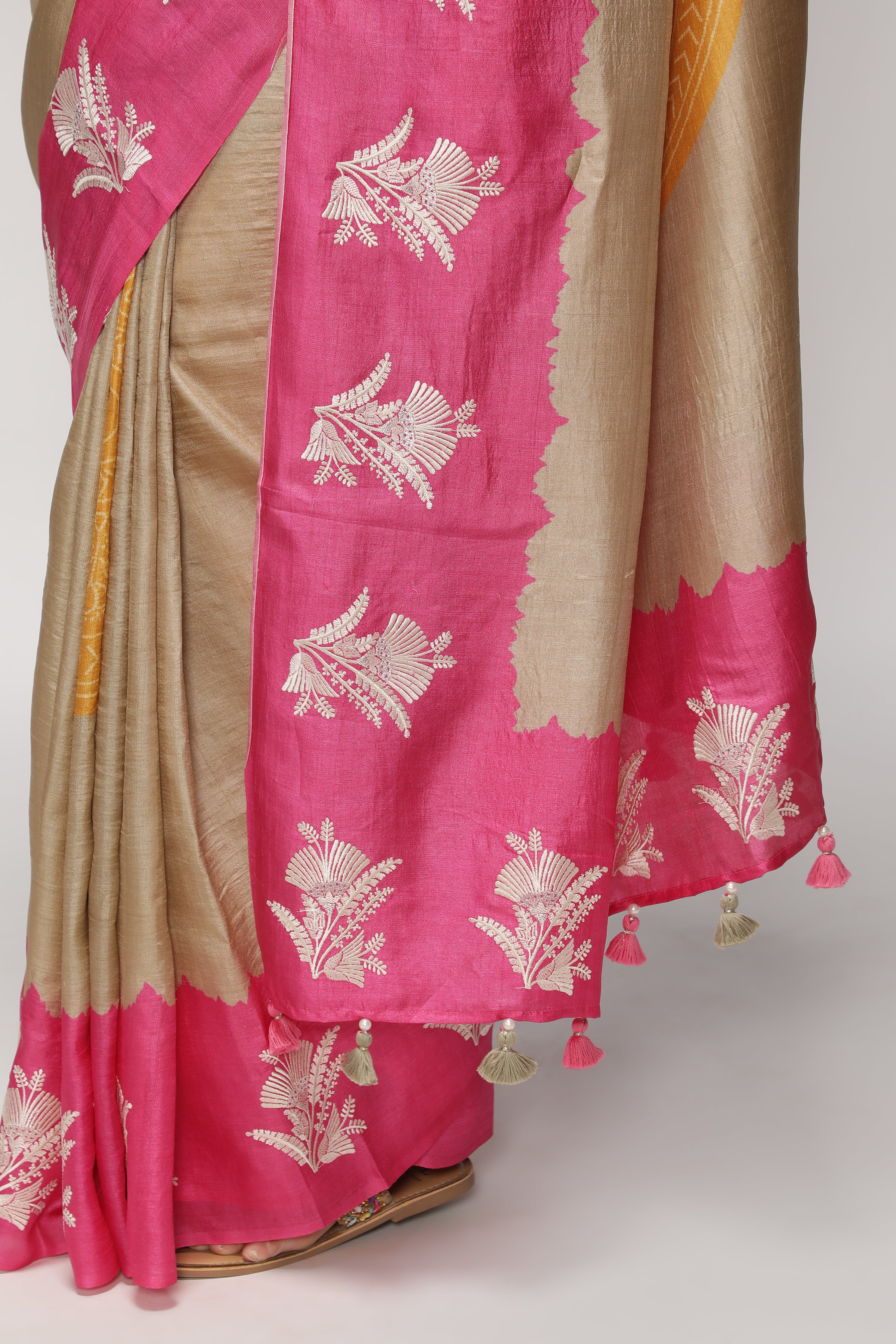 Chikoo and Pink Tussar Saree with Bandhani Print & Contrast Embroidery Border