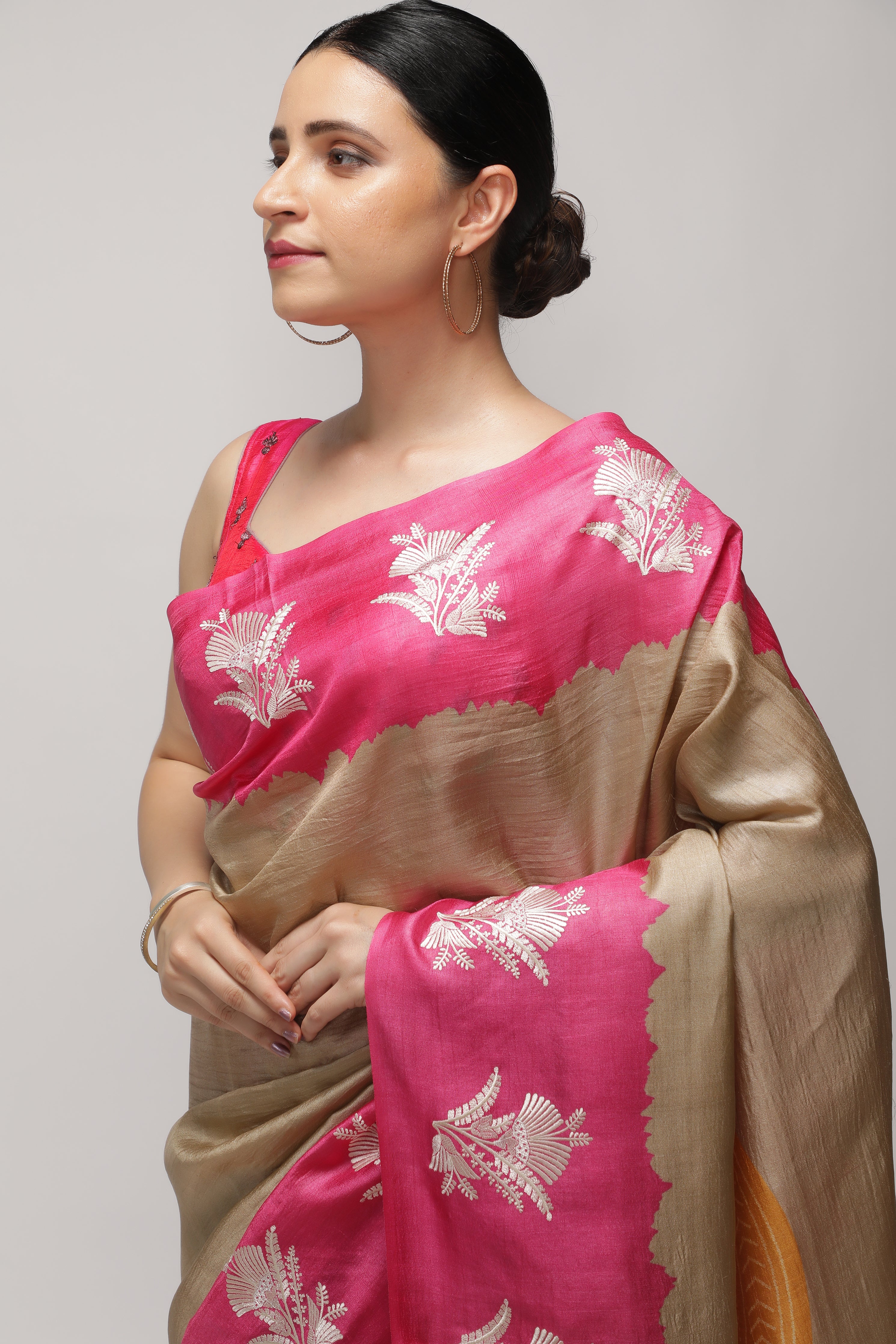 Chikoo and Pink Tussar Saree with Bandhani Print & Contrast Embroidery Border