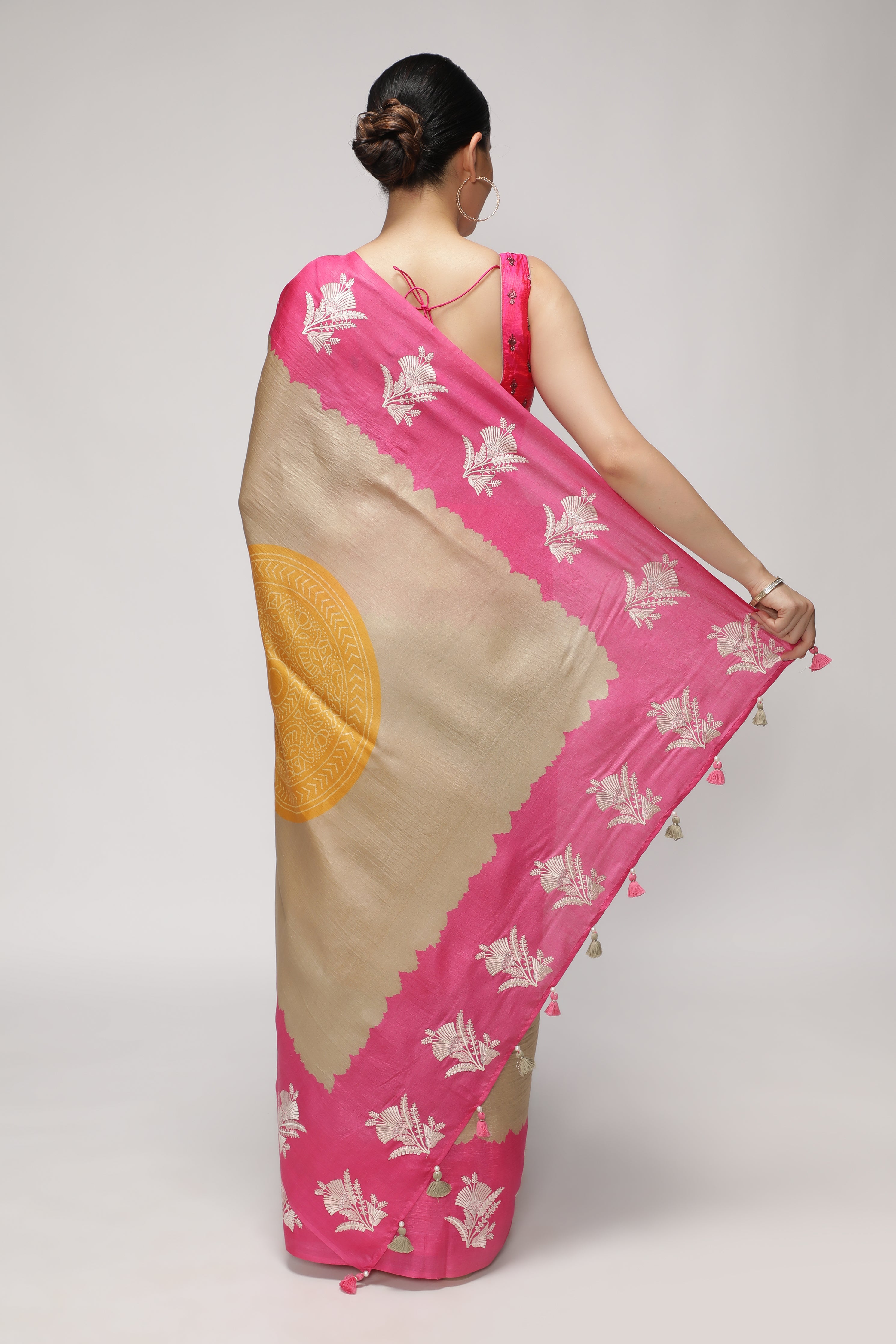 Chikoo and Pink Tussar Saree with Bandhani Print & Contrast Embroidery Border