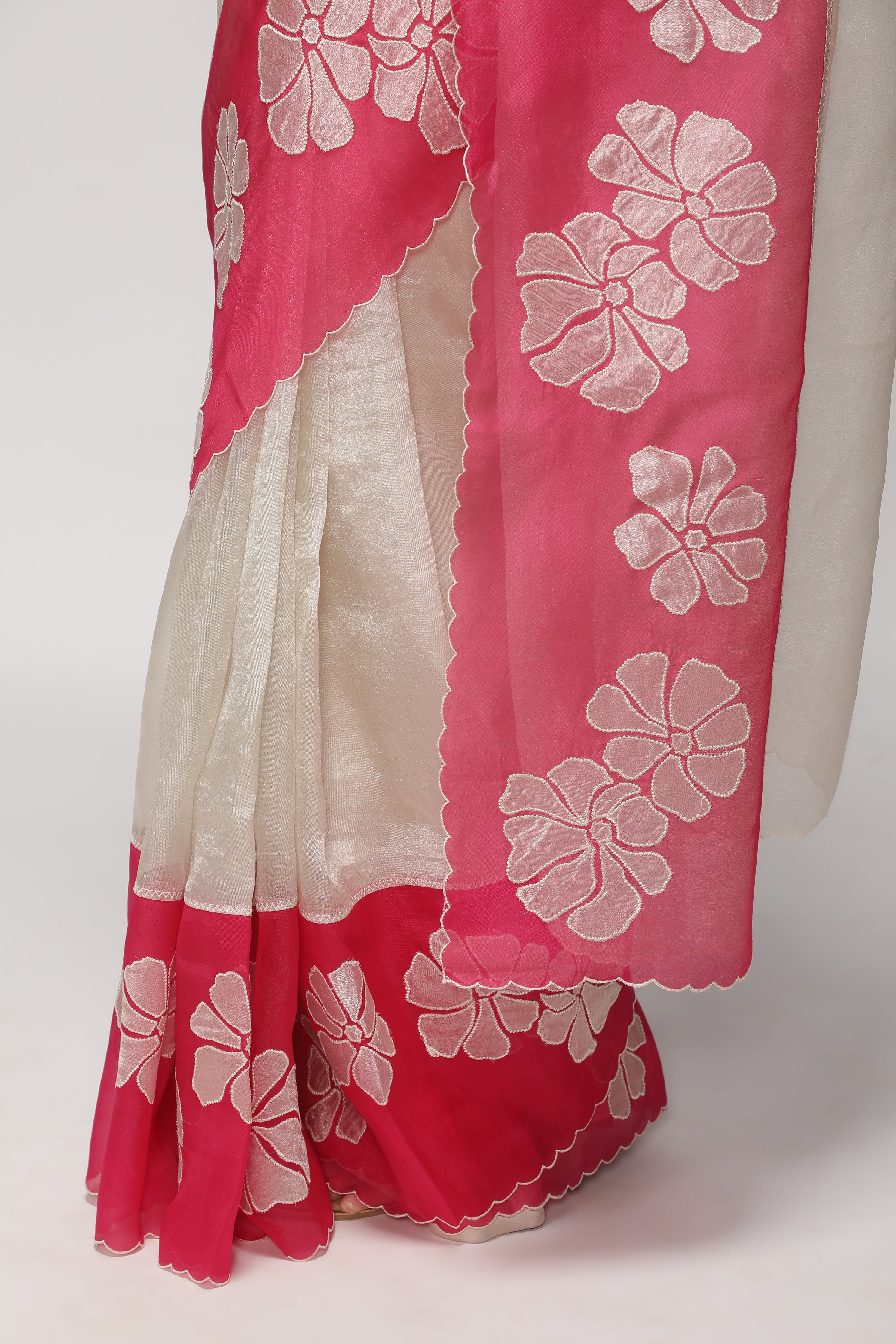 Silver Pink Tissue Saree with Appliqué Work Border