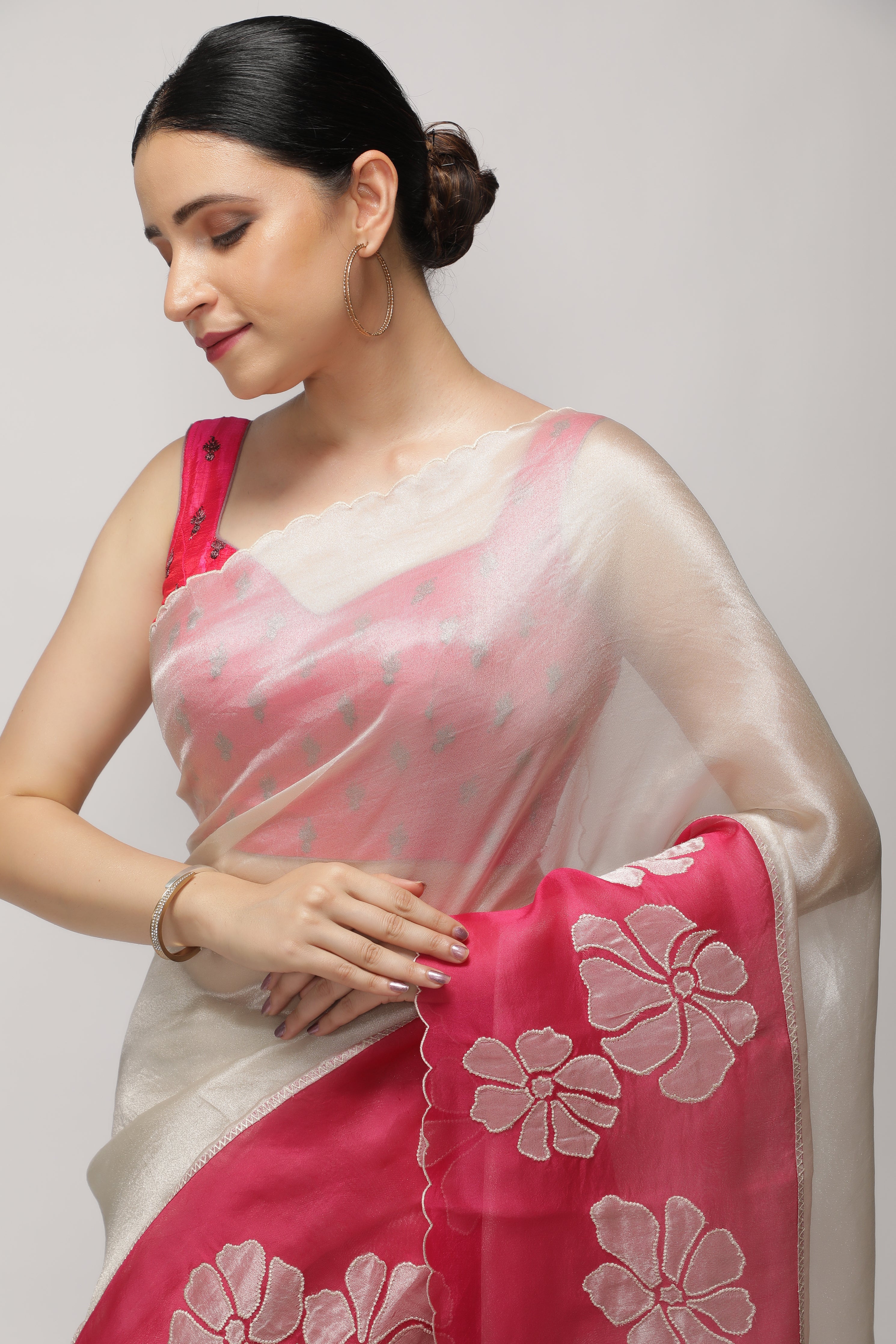 Silver Pink Tissue Saree with Appliqué Work Border