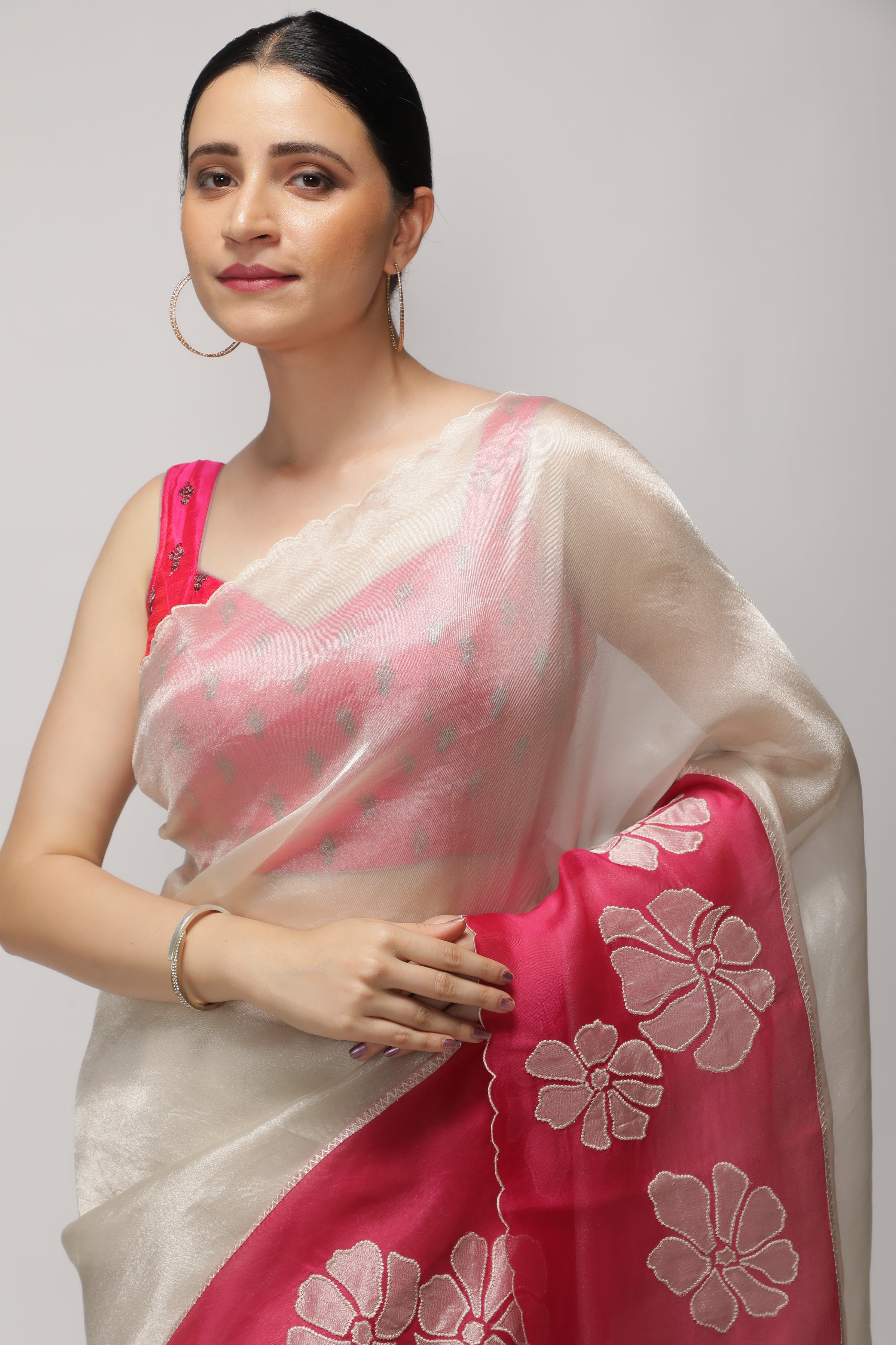 Silver Pink Tissue Saree with Appliqué Work Border