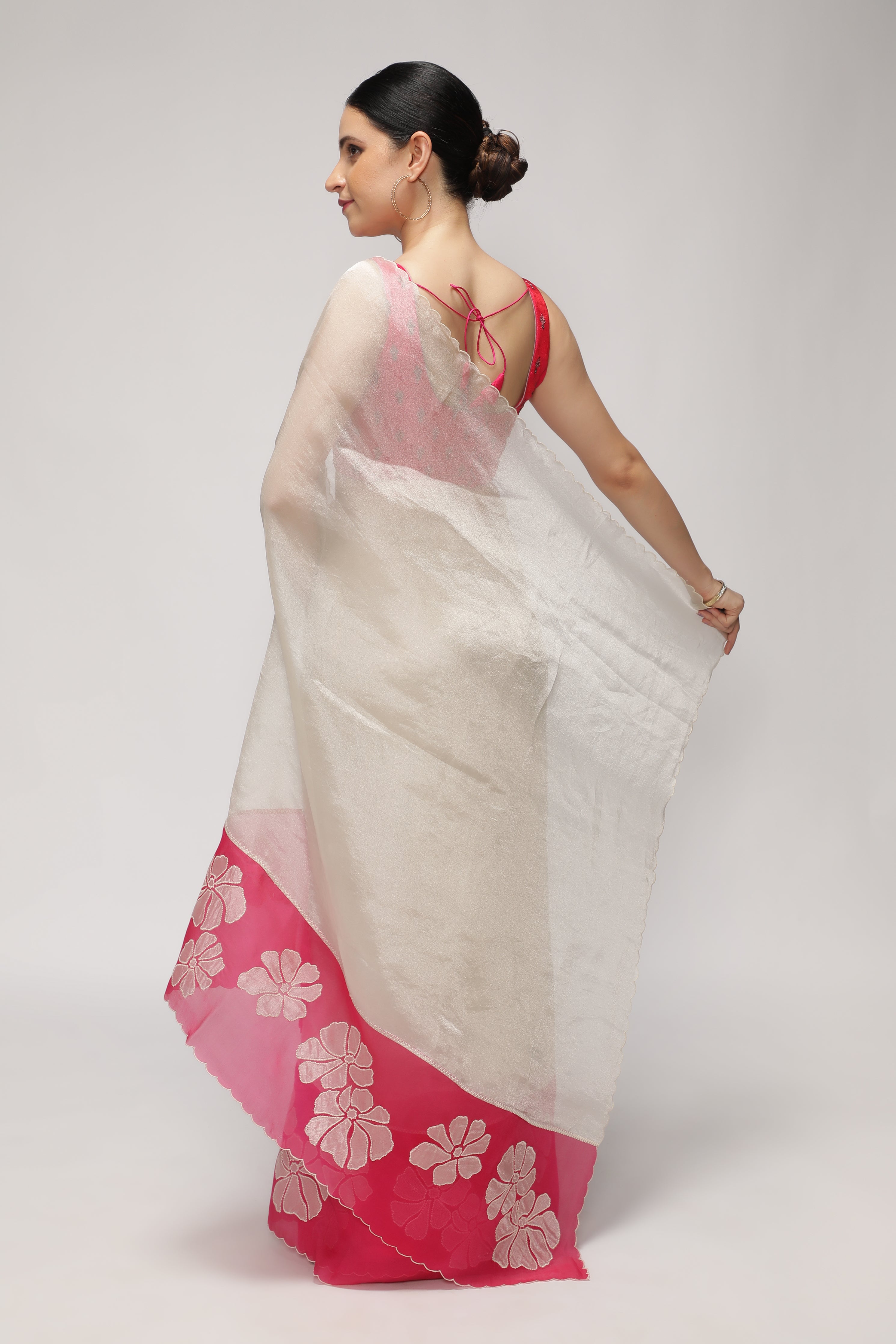 Silver Pink Tissue Saree with Appliqué Work Border