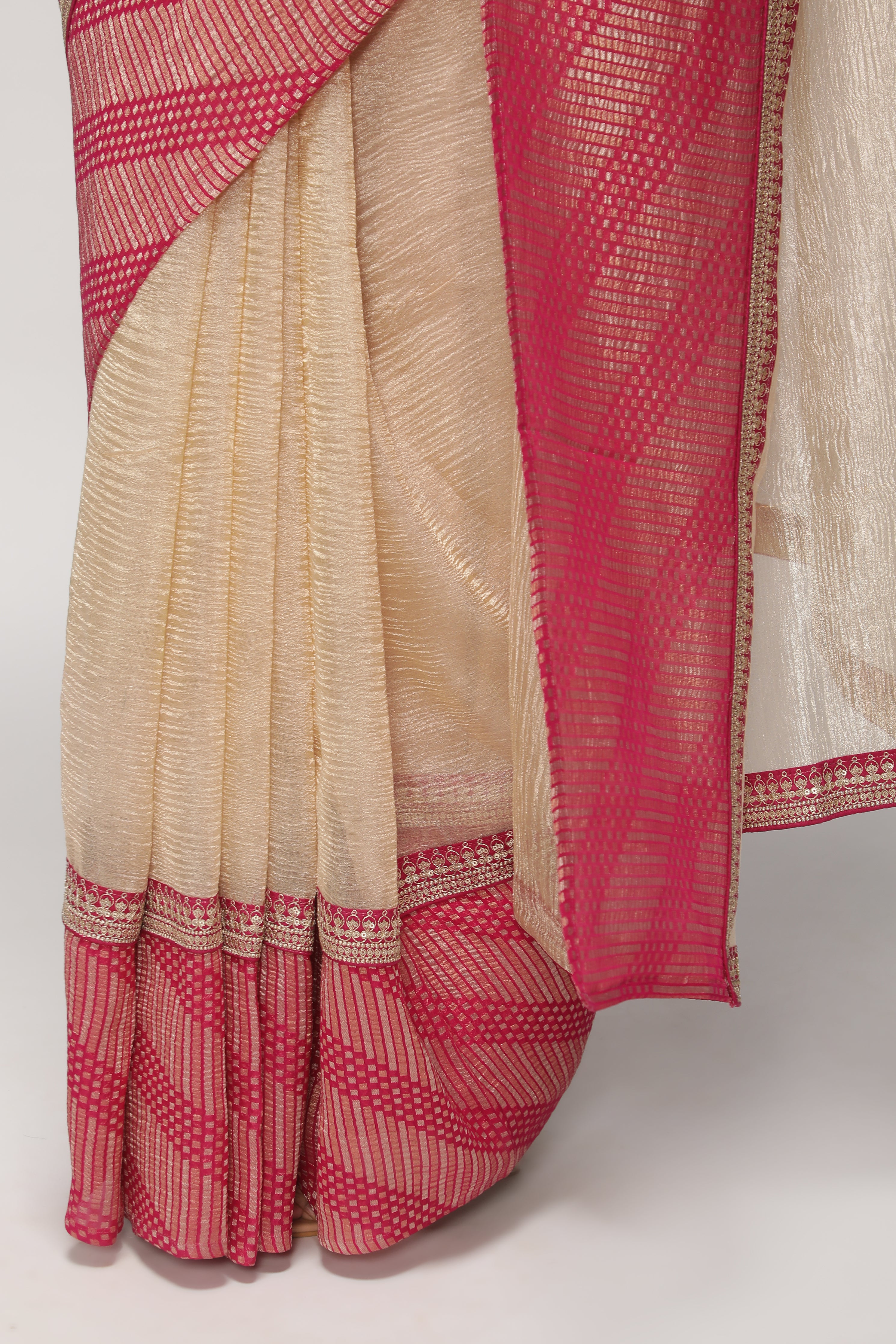 Gold and Pink Crush Tissue Saree with Contrast Banarasi Brocade Border