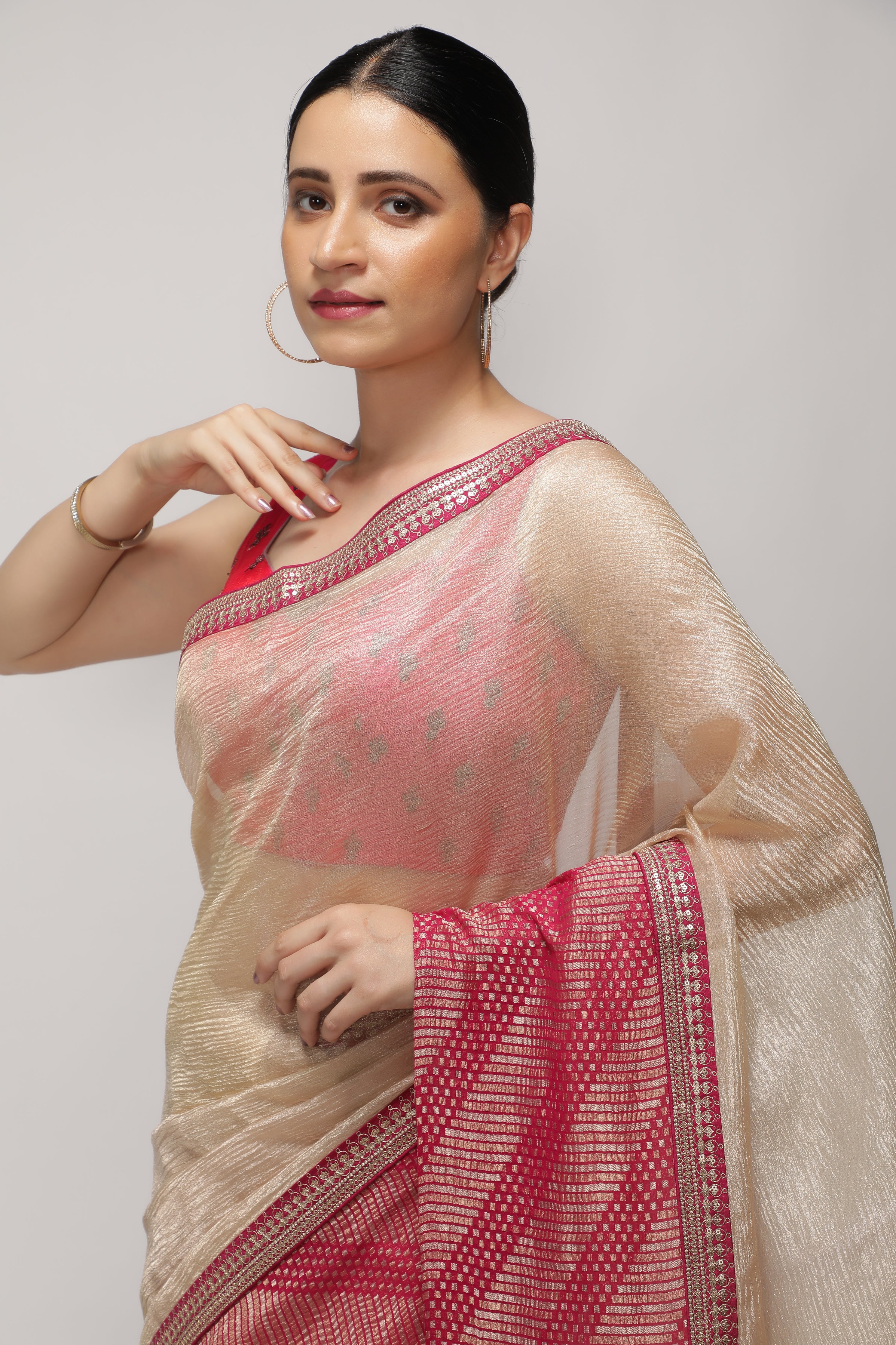 Gold and Pink Crush Tissue Saree with Contrast Banarasi Brocade Border