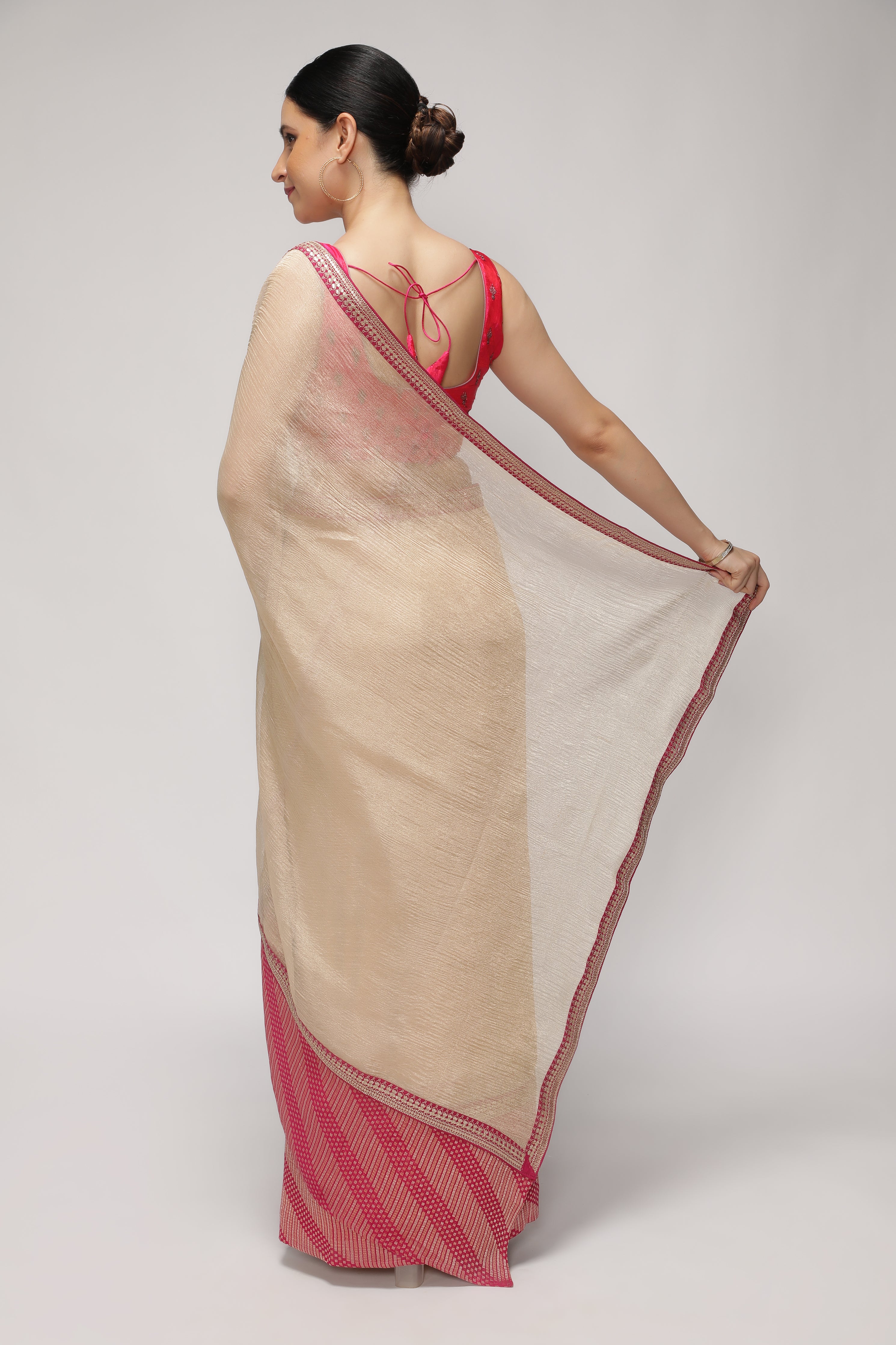 Gold and Pink Crush Tissue Saree with Contrast Banarasi Brocade Border