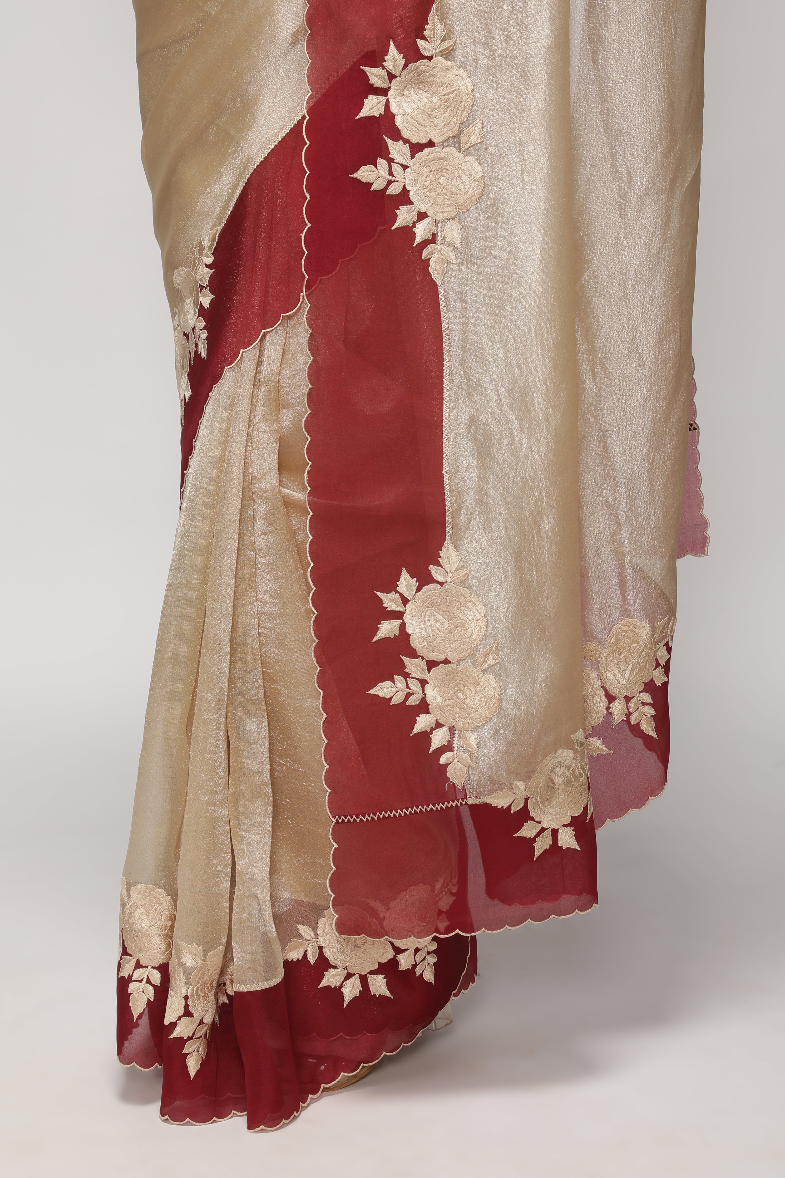 Silver Tissue Saree with Red Embroidered Floral Border