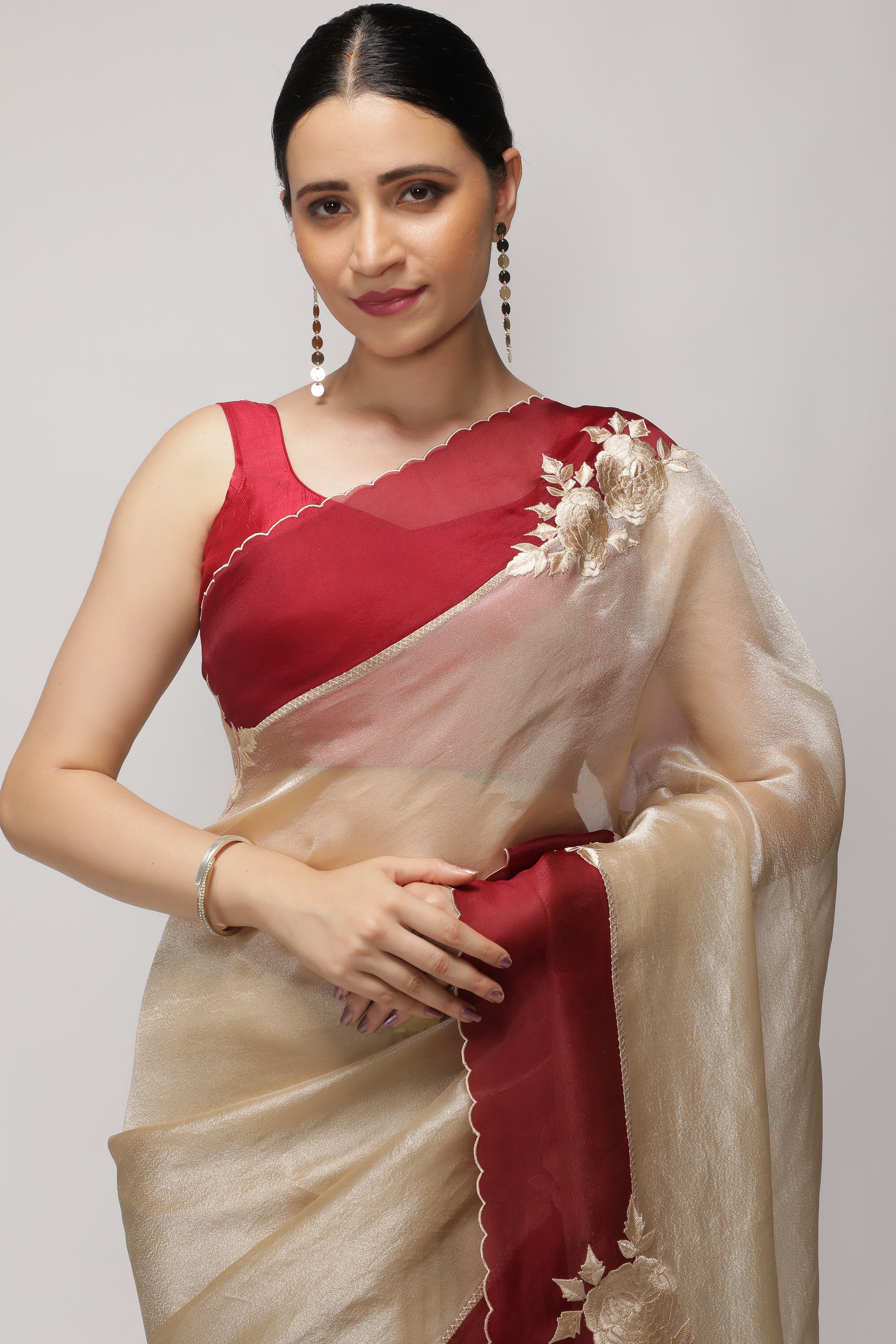 Silver Tissue Saree with Red Embroidered Floral Border
