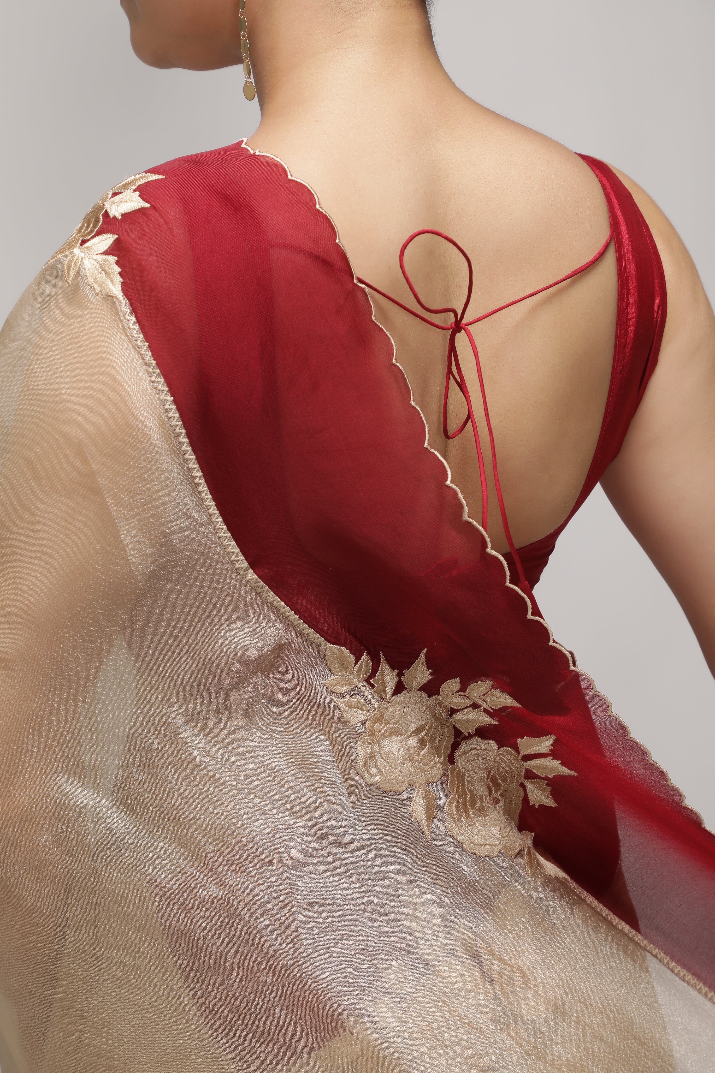 Silver Tissue Saree with Red Embroidered Floral Border