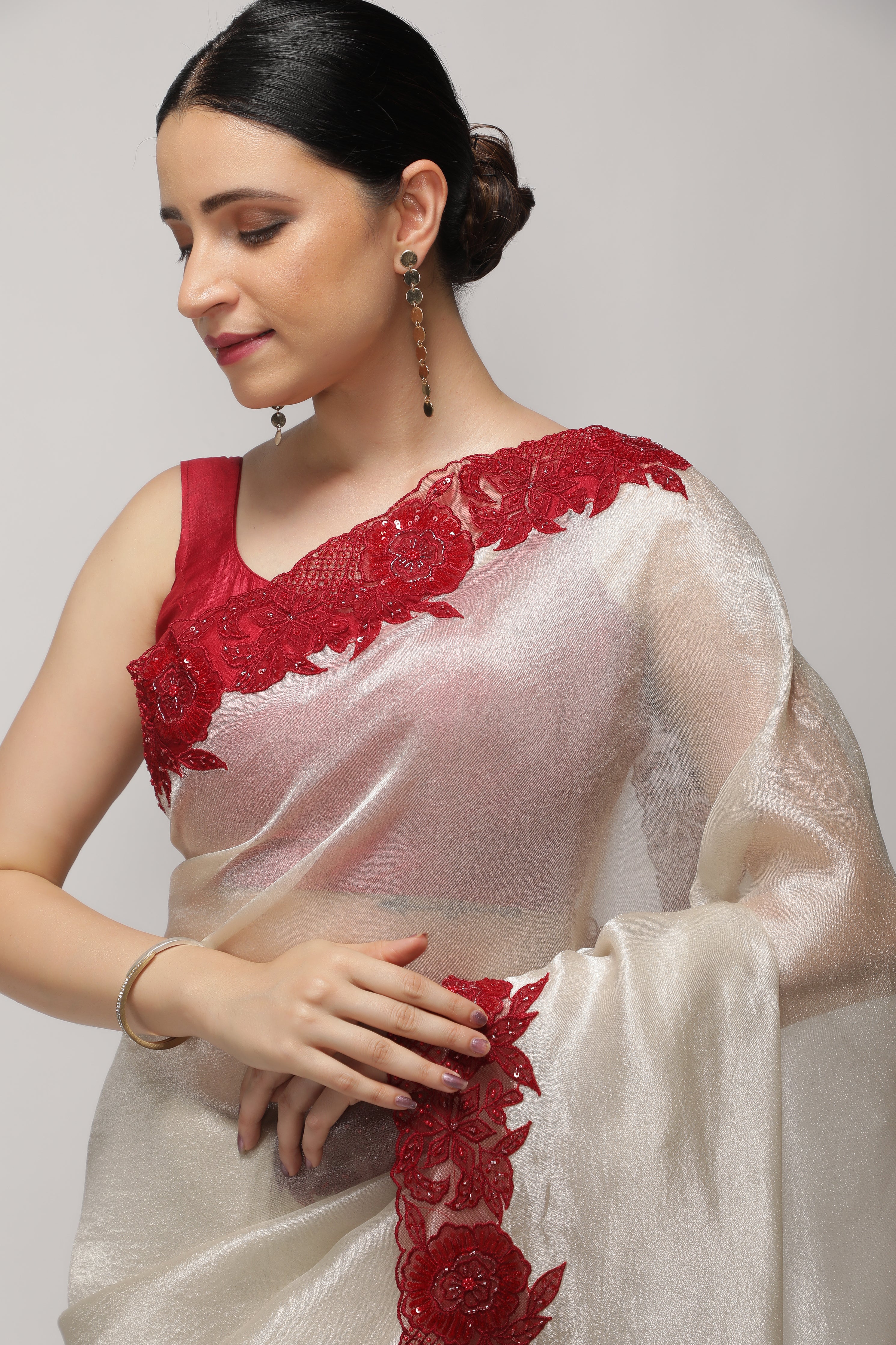 Silver Tissue Saree with Contrast Red Net Embroidery Border