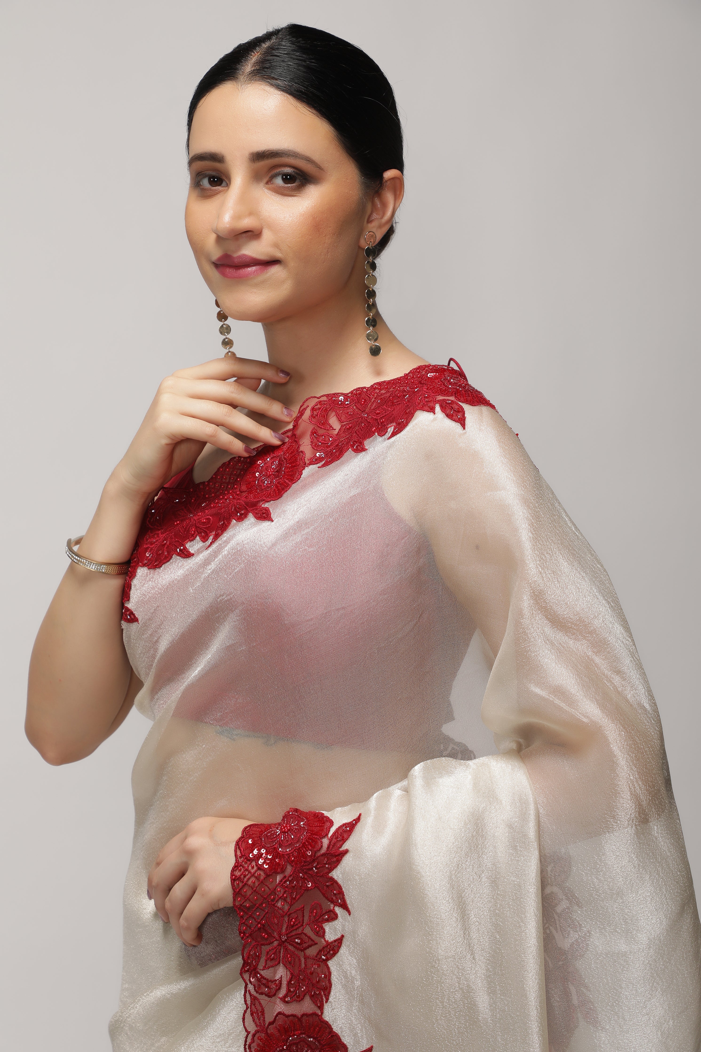 Silver Tissue Saree with Contrast Red Net Embroidery Border