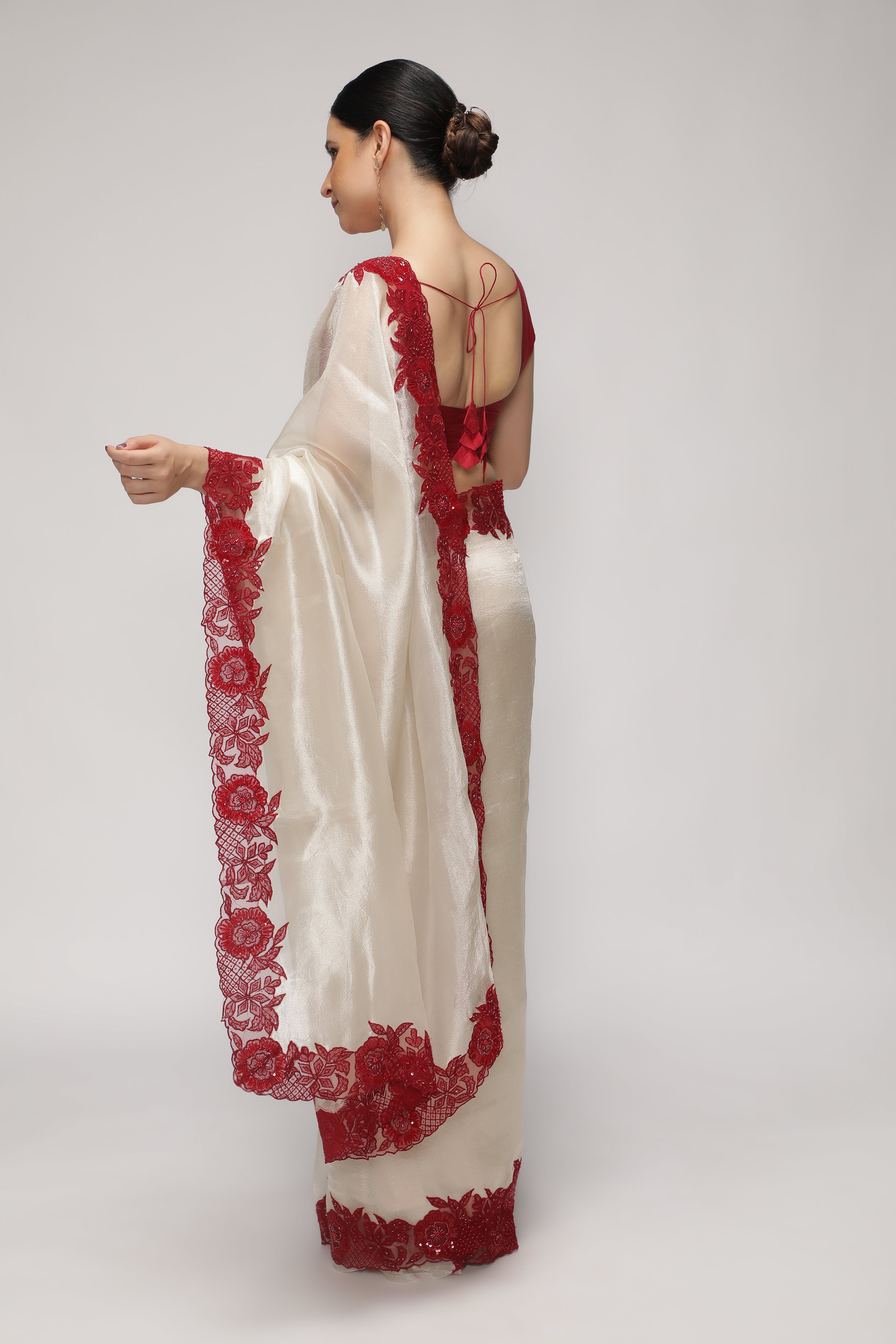Silver Tissue Saree with Contrast Red Net Embroidery Border
