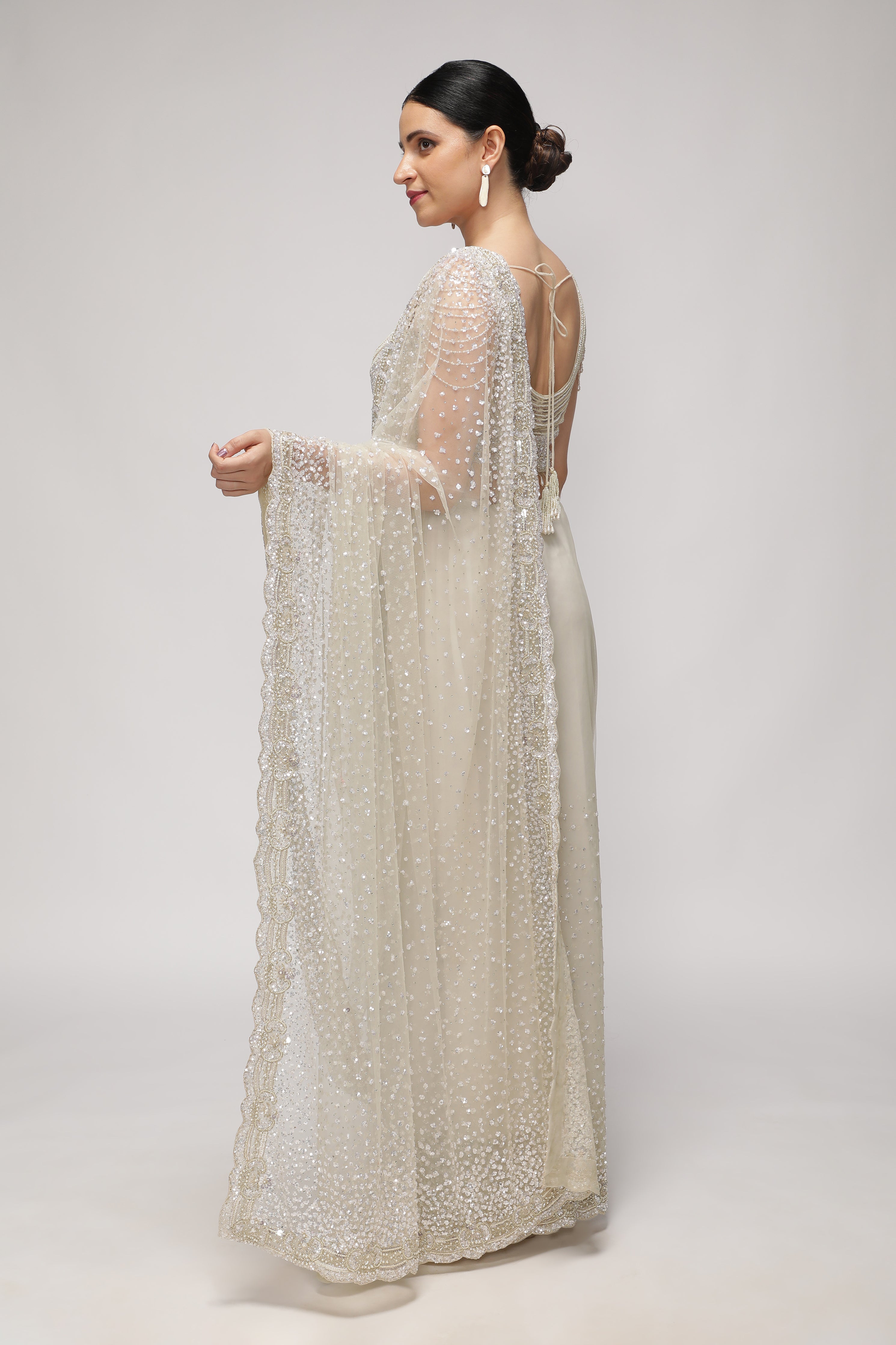 White Net Saree with All-Over Sequin & Pearl Scallop Border