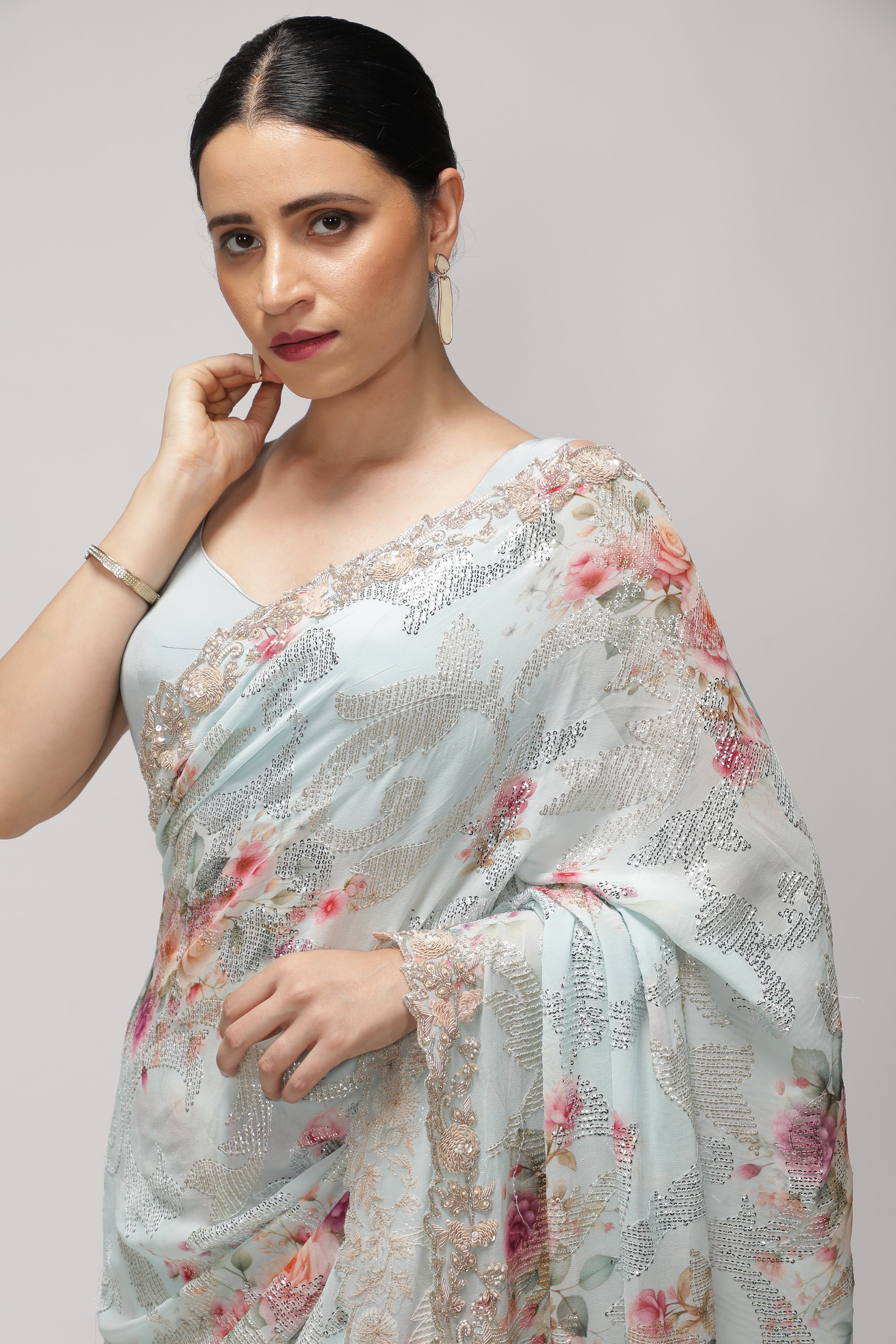 Sky Blue Georgette Saree with All-Over Print, Sequins & Scallop Border
