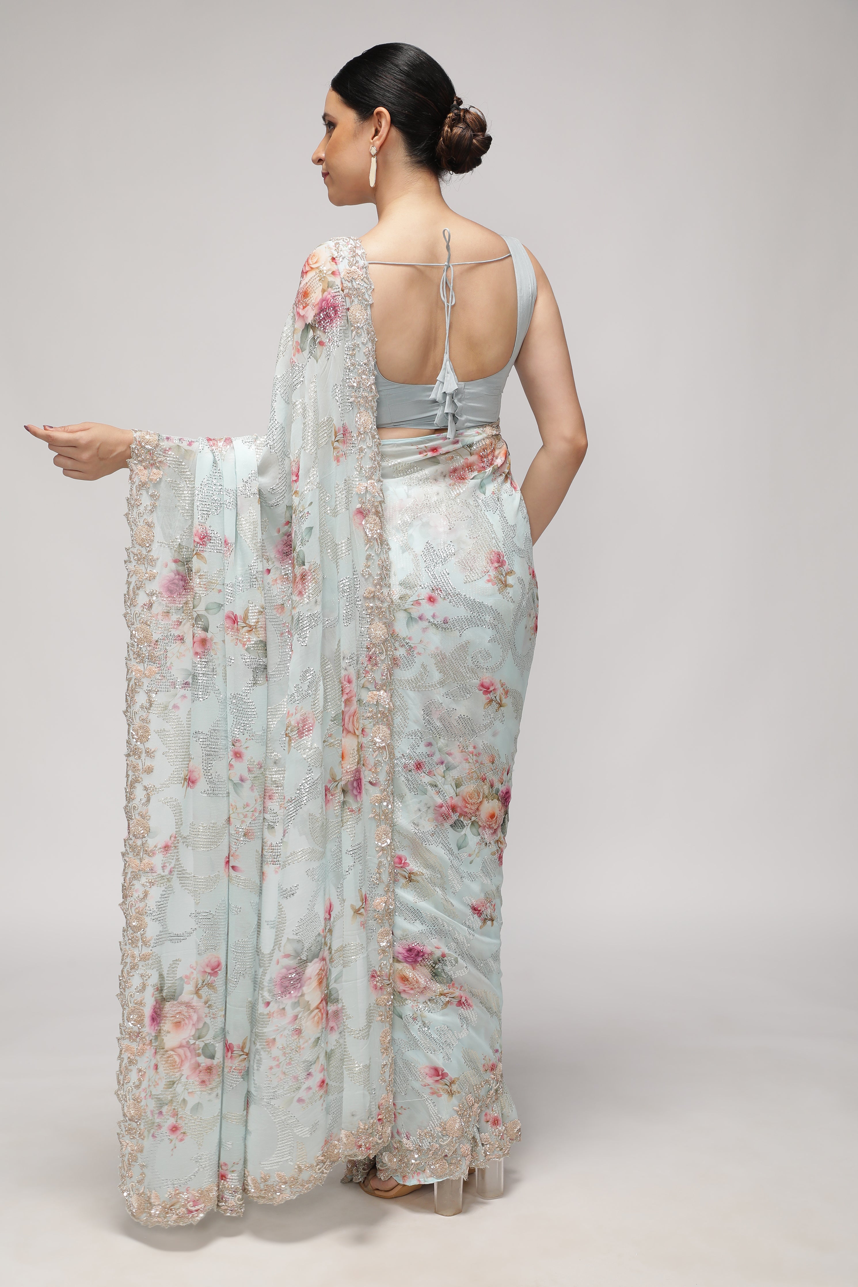 Sky Blue Georgette Saree with All-Over Print, Sequins & Scallop Border
