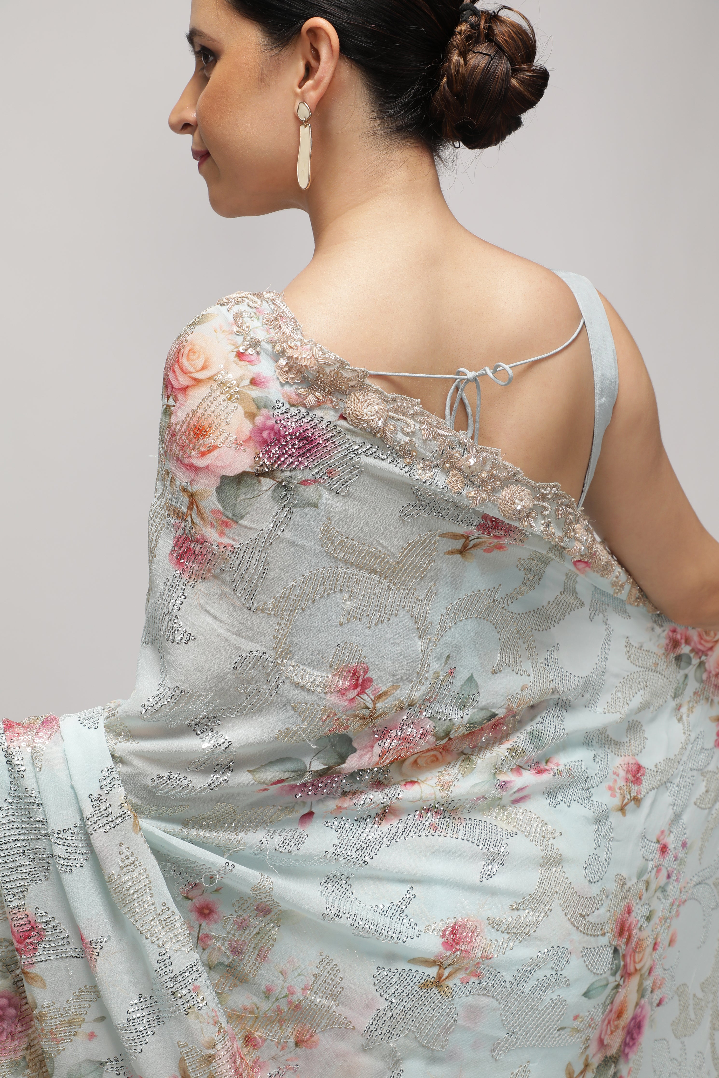 Sky Blue Georgette Saree with All-Over Print, Sequins & Scallop Border