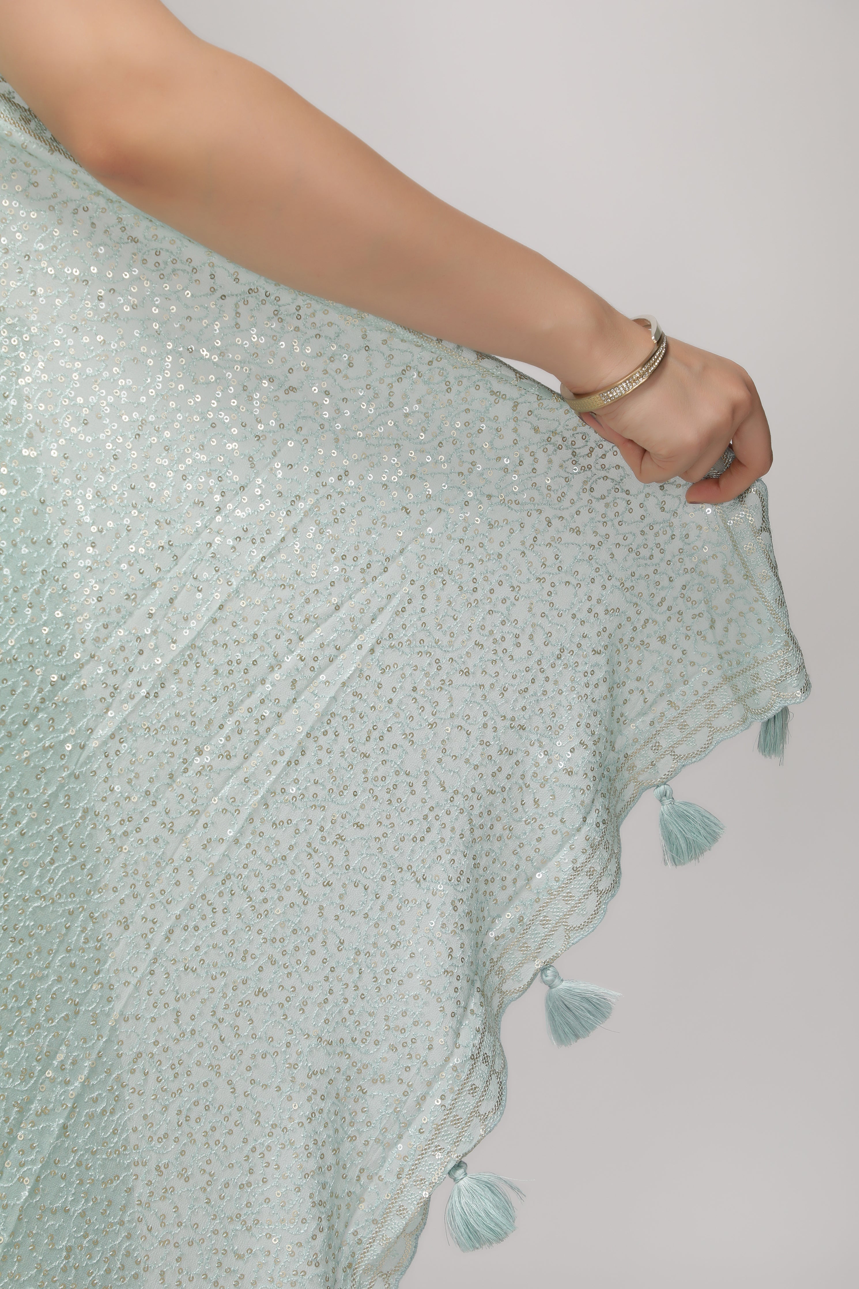 Sea Blue Georgette Saree with All-Over Sequins Body & Embroidered Border