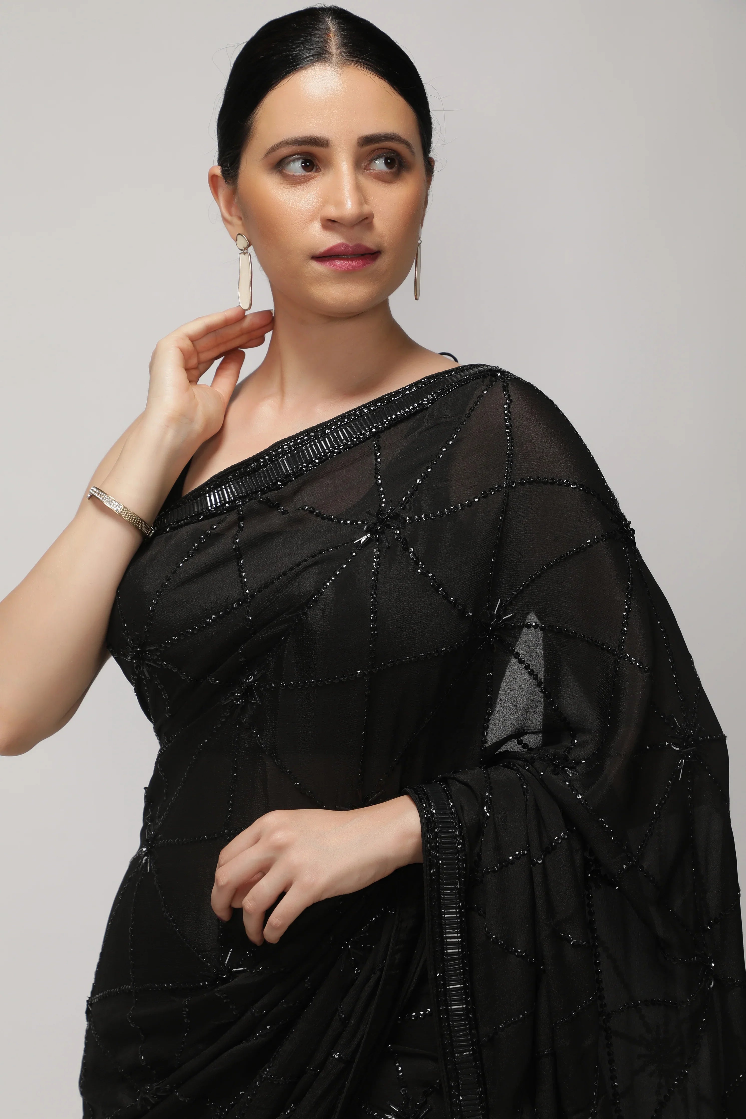 Black Crepe Chiffon Saree with All-Over Sequin Work | Premium Sarees | Mokshaa
