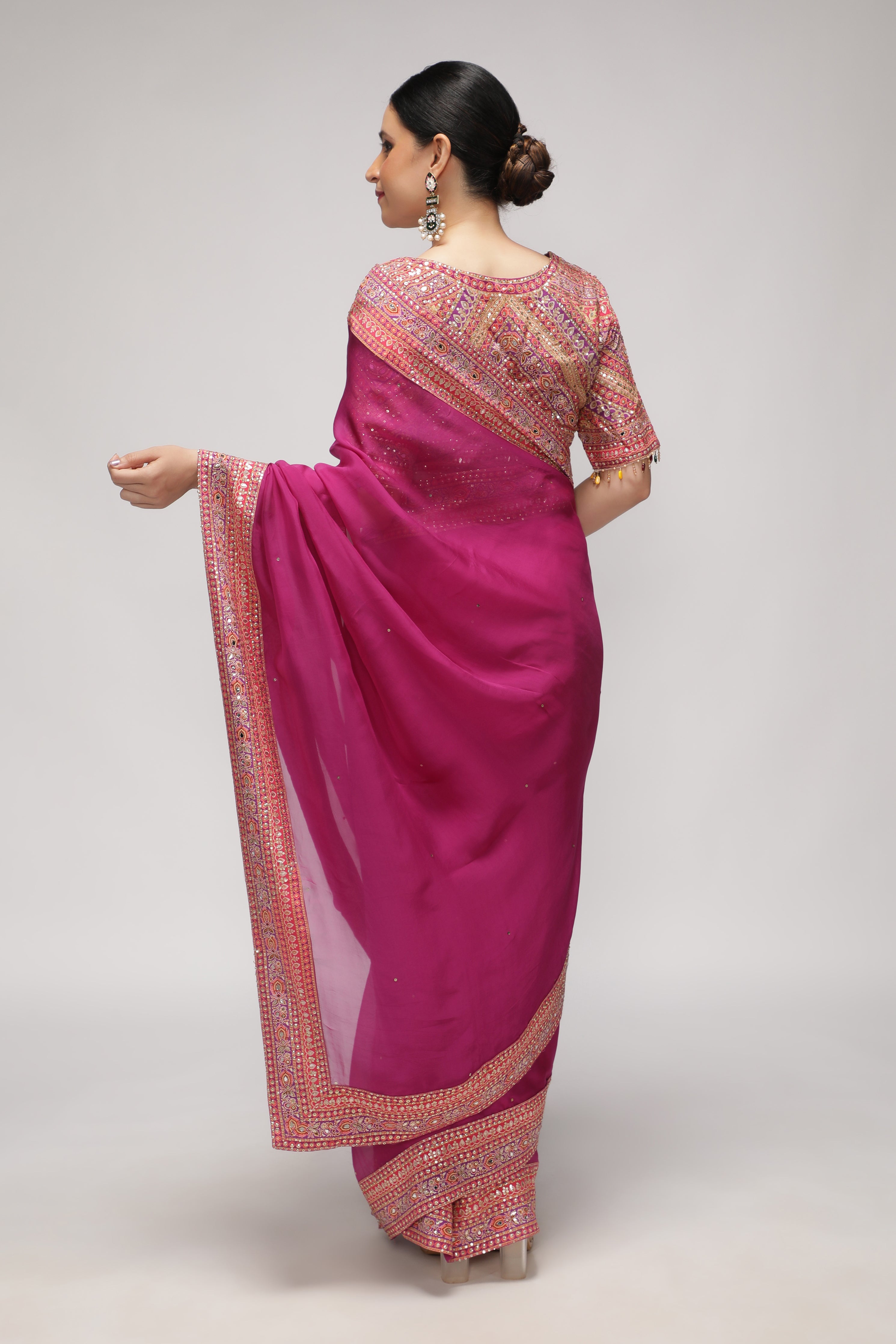 Magenta Pink Silk Organza Saree with Sequin Highlights & Mirror Work Border
