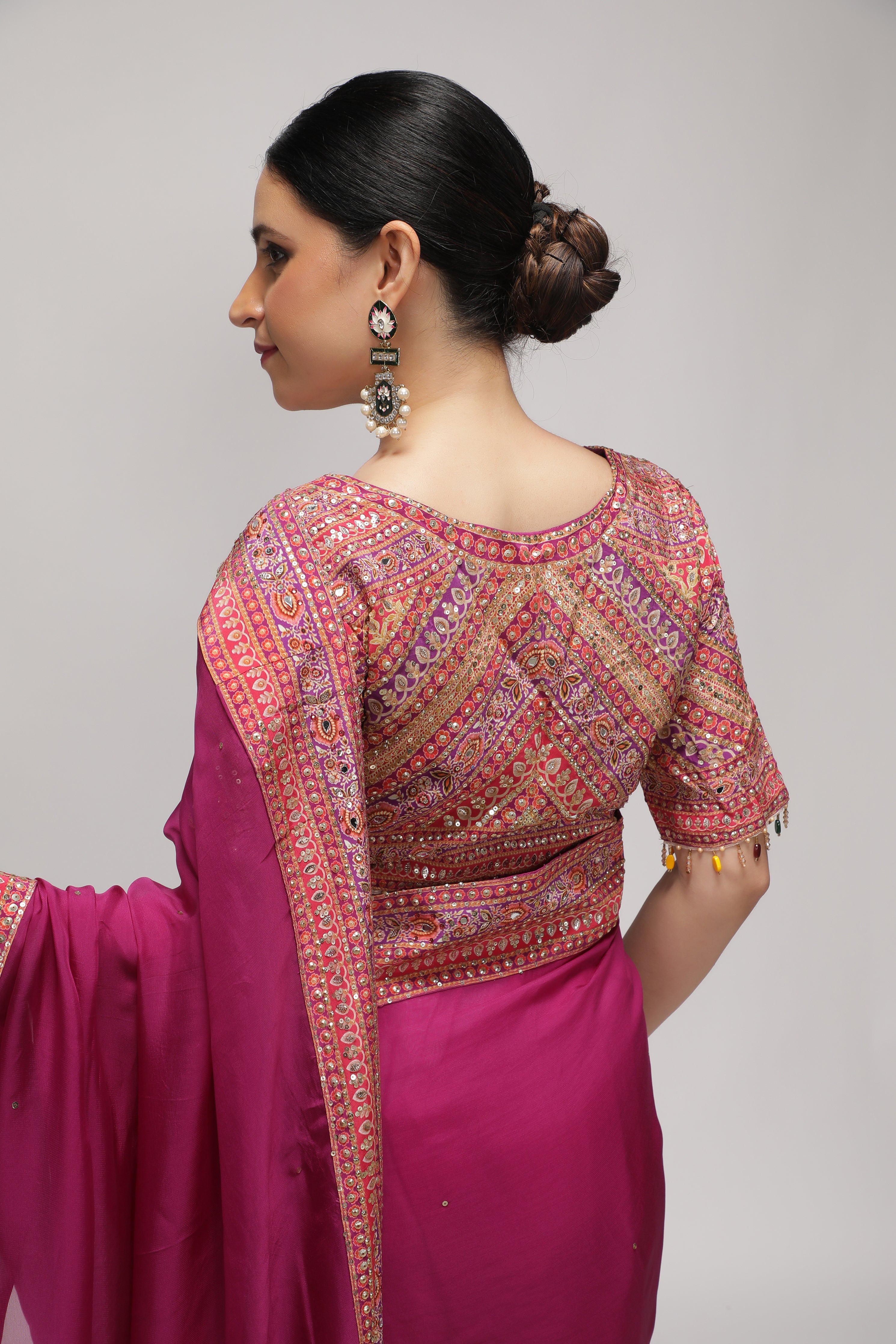 Magenta Pink Silk Organza Saree with Sequin Highlights & Mirror Work Border