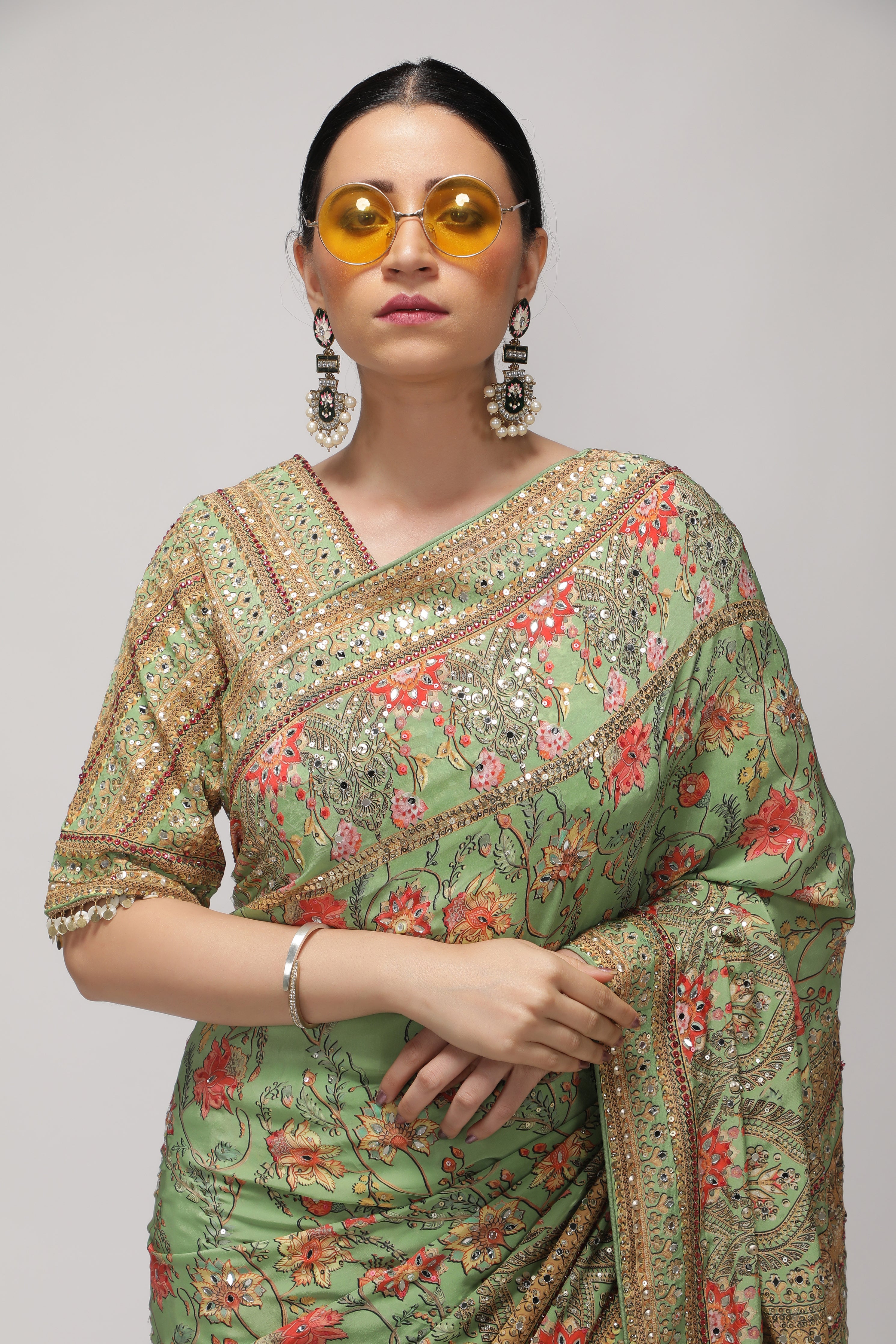 Green Satin Silk Saree with All-Over Print, Sequin & Mirror Work