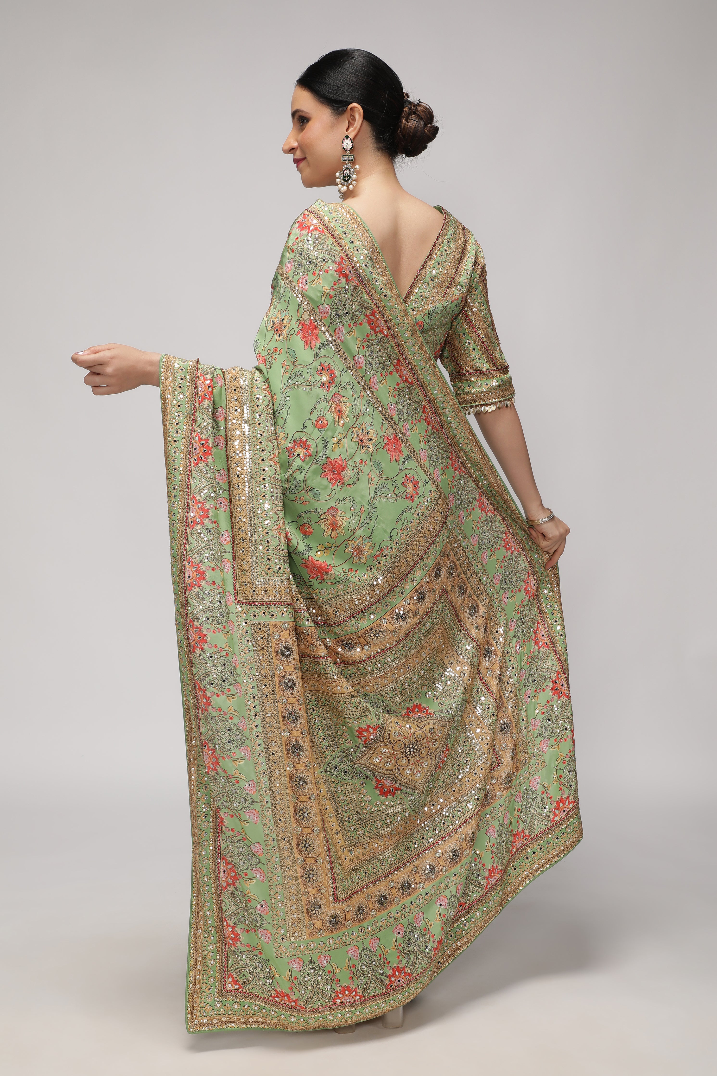 Green Satin Silk Saree with All-Over Print, Sequin & Mirror Work