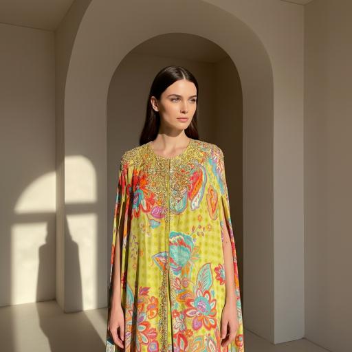 Lime Crepe Floral Embroidered Cape Set