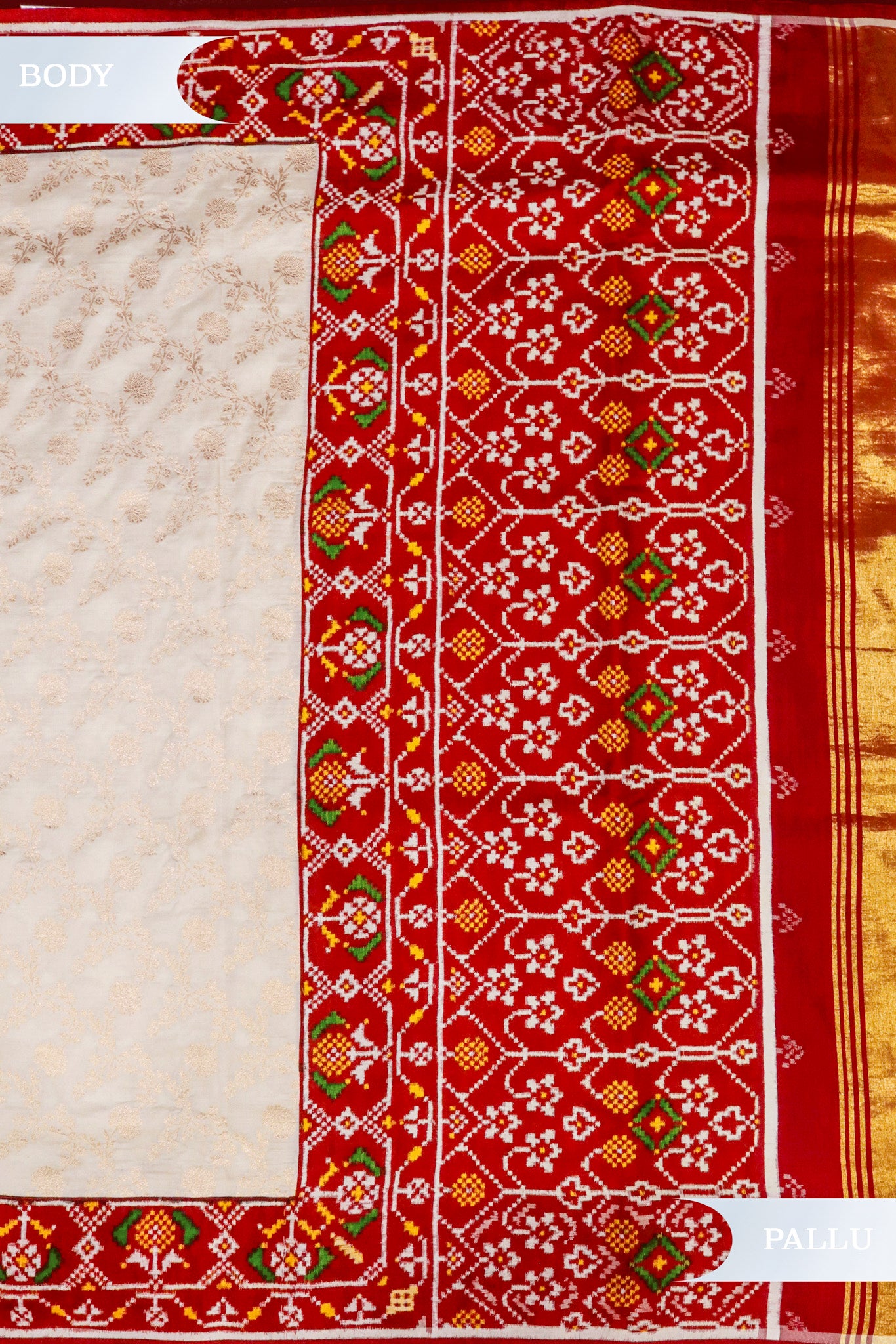 Off-White Banarasi Silk Saree with Patola Contrast Border & Pallu