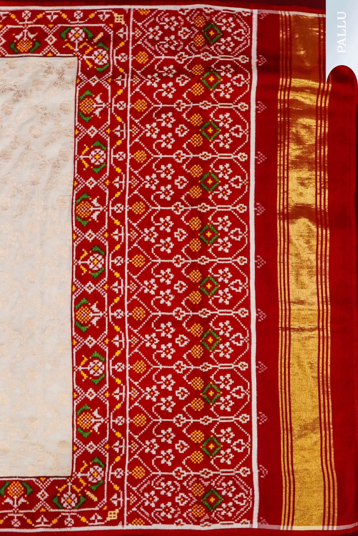 Off-White Banarasi Silk Saree with Patola Contrast Border & Pallu